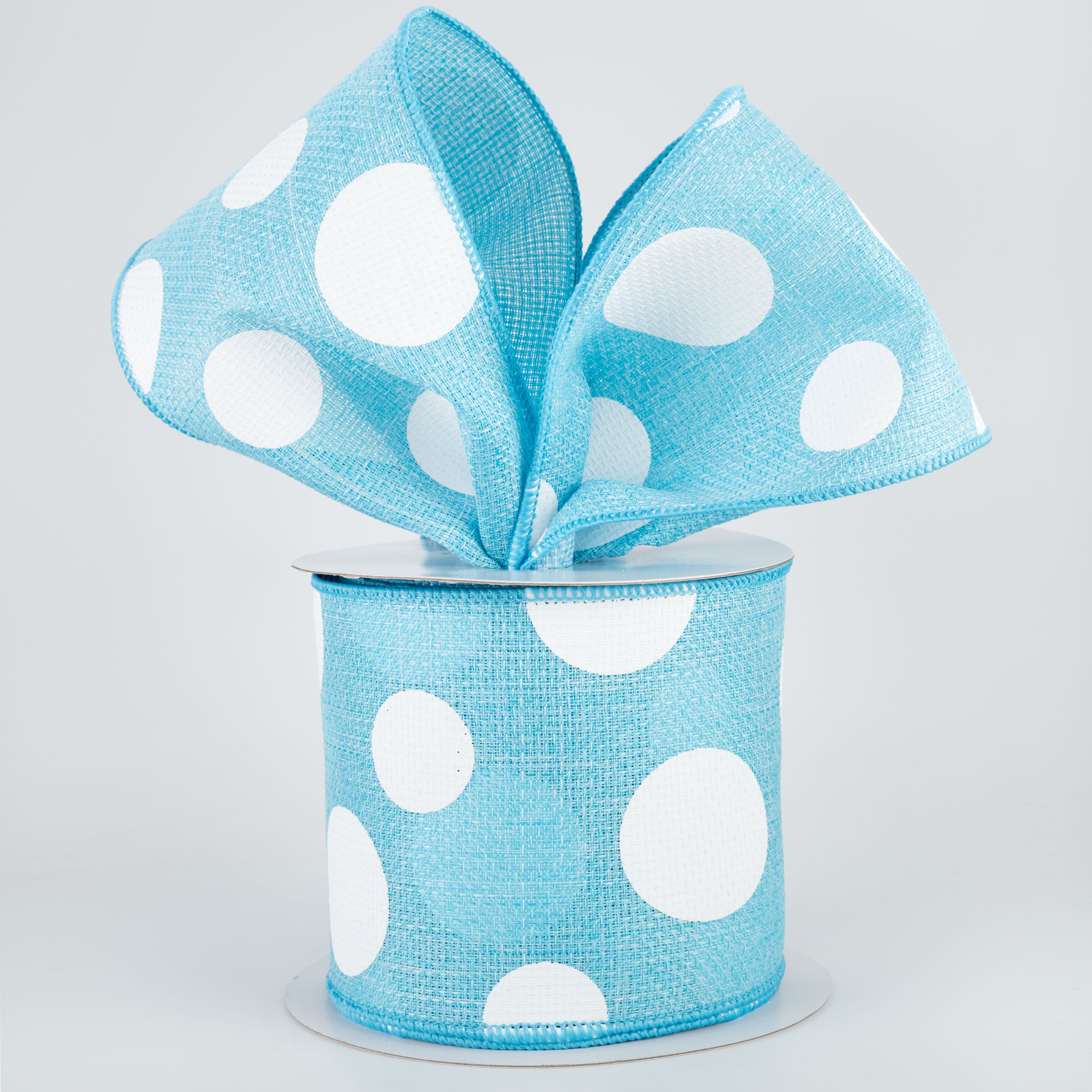 4" Faux Burlap Giant Polka Dot Ribbon: Light Blue & White (10 Yards) Lifestyle Photo