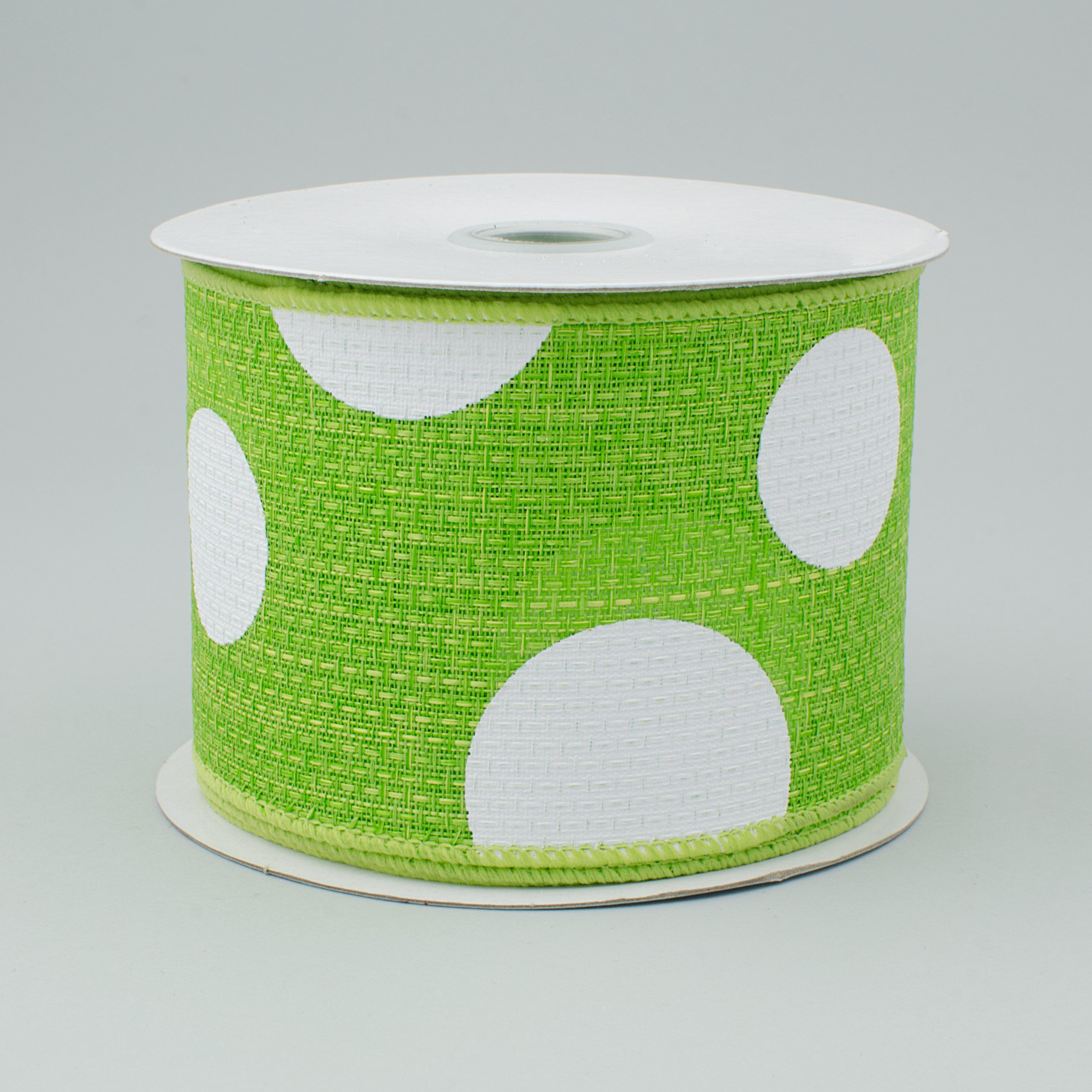2.5" Faux Burlap Giant Polka Dot Ribbon: Lime Green & White (10 Yards)