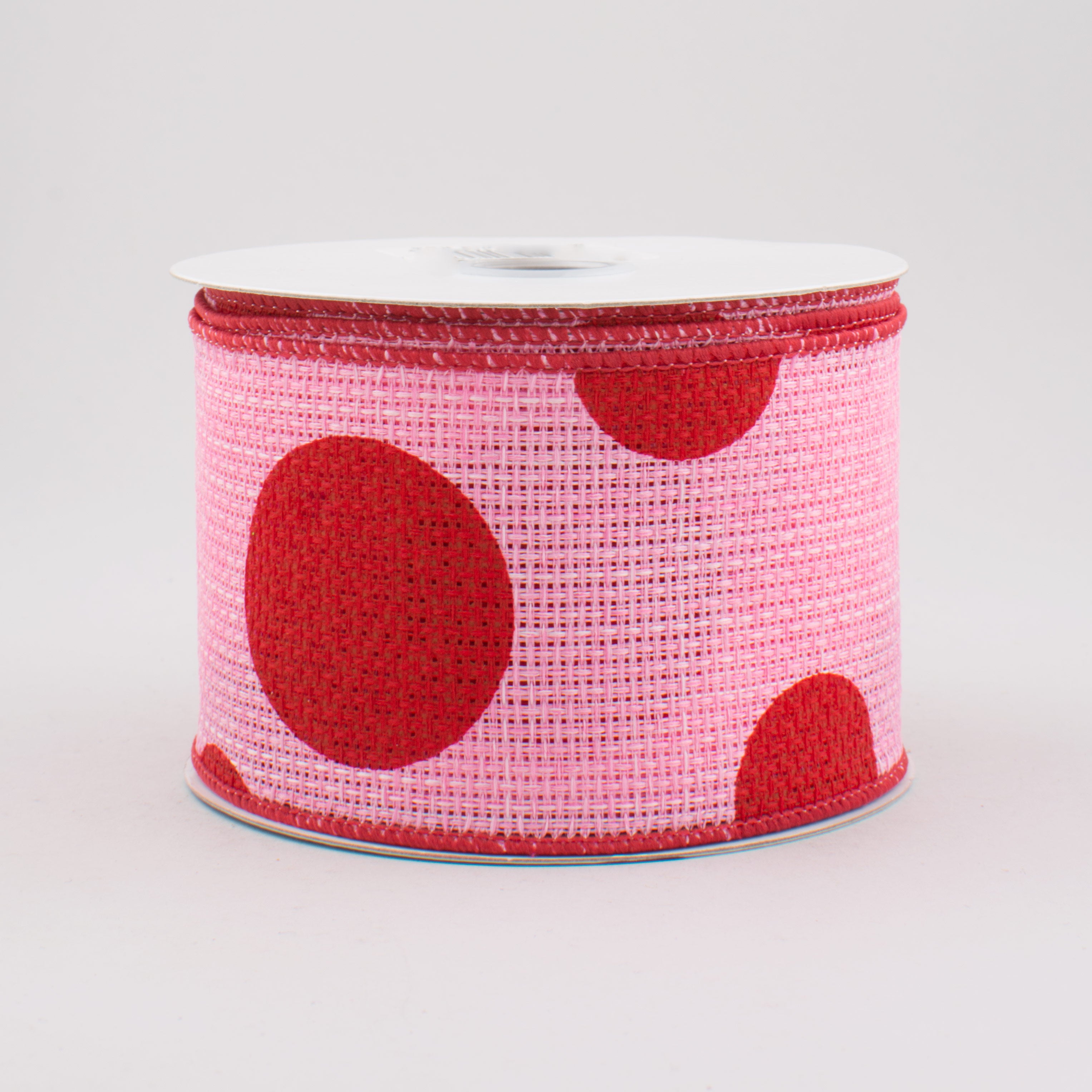 2.5" Faux Burlap Giant Polka Dot Ribbon: Pink With Red (10 Yards)