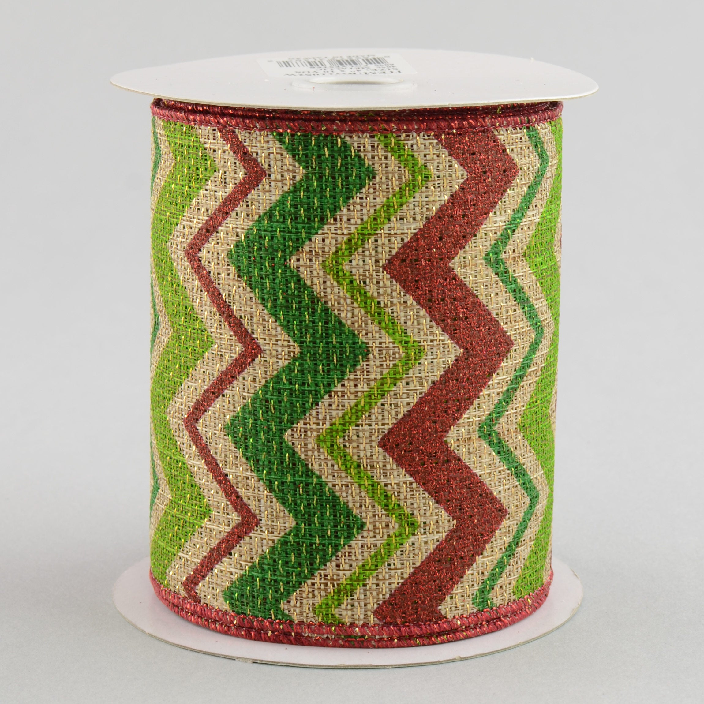 4" Faux Burlap Metallic Holiday Chevron Ribbon: Red, Lime & Green (10 Yards)