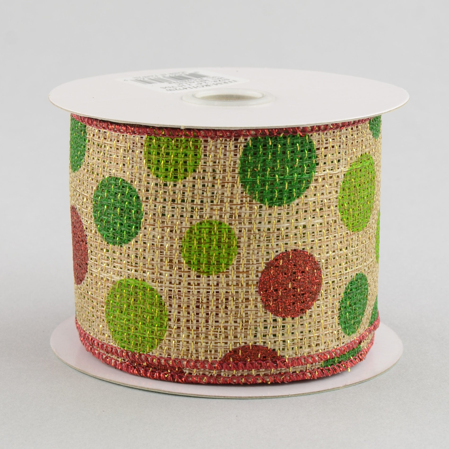 2.5" Faux Burlap Metallic Holiday Polka Dot Ribbon: Red, Lime & Green (10 Yards)