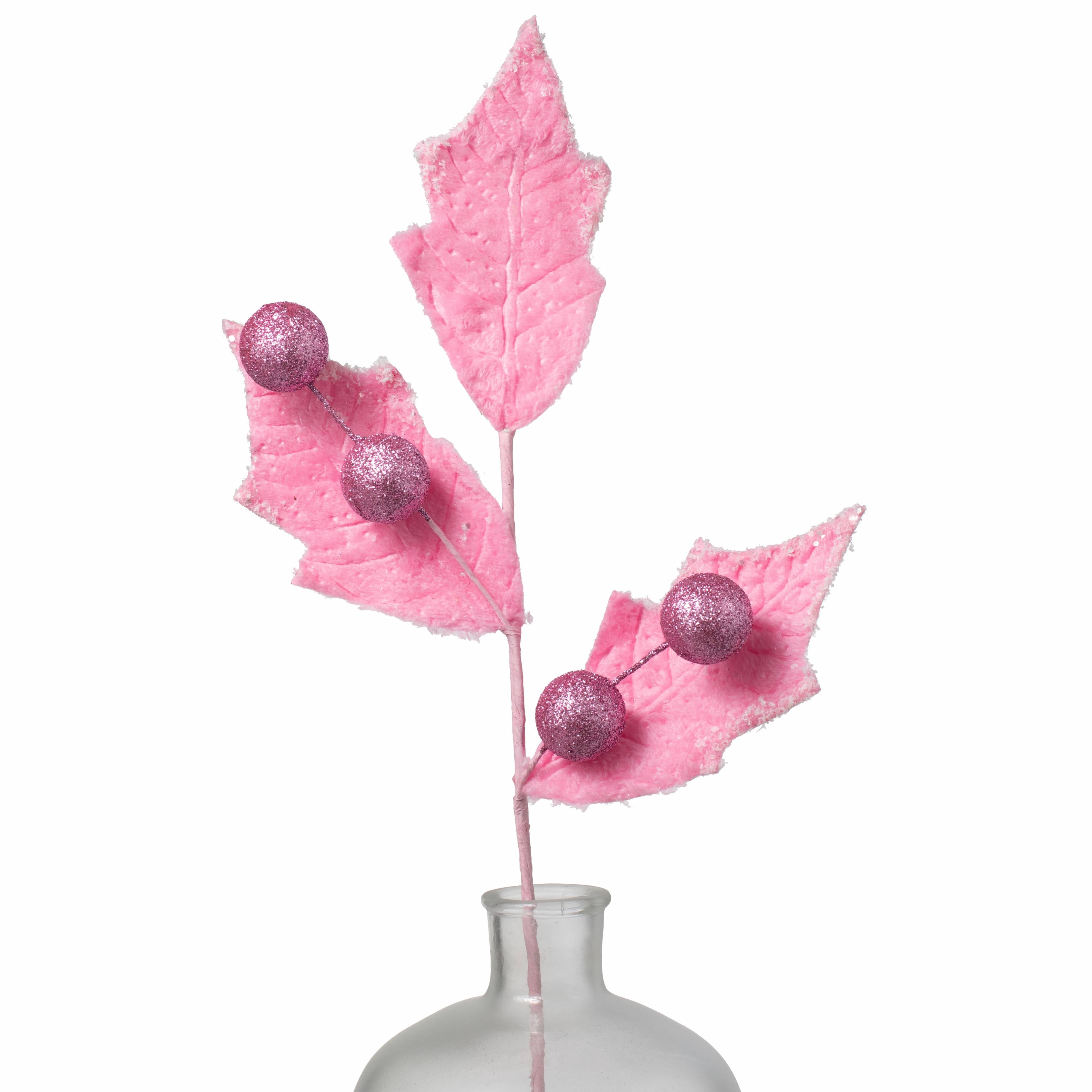 28" Faux Fur Holly Leaves & Balls Spray: Pink Item Number: 86031PK