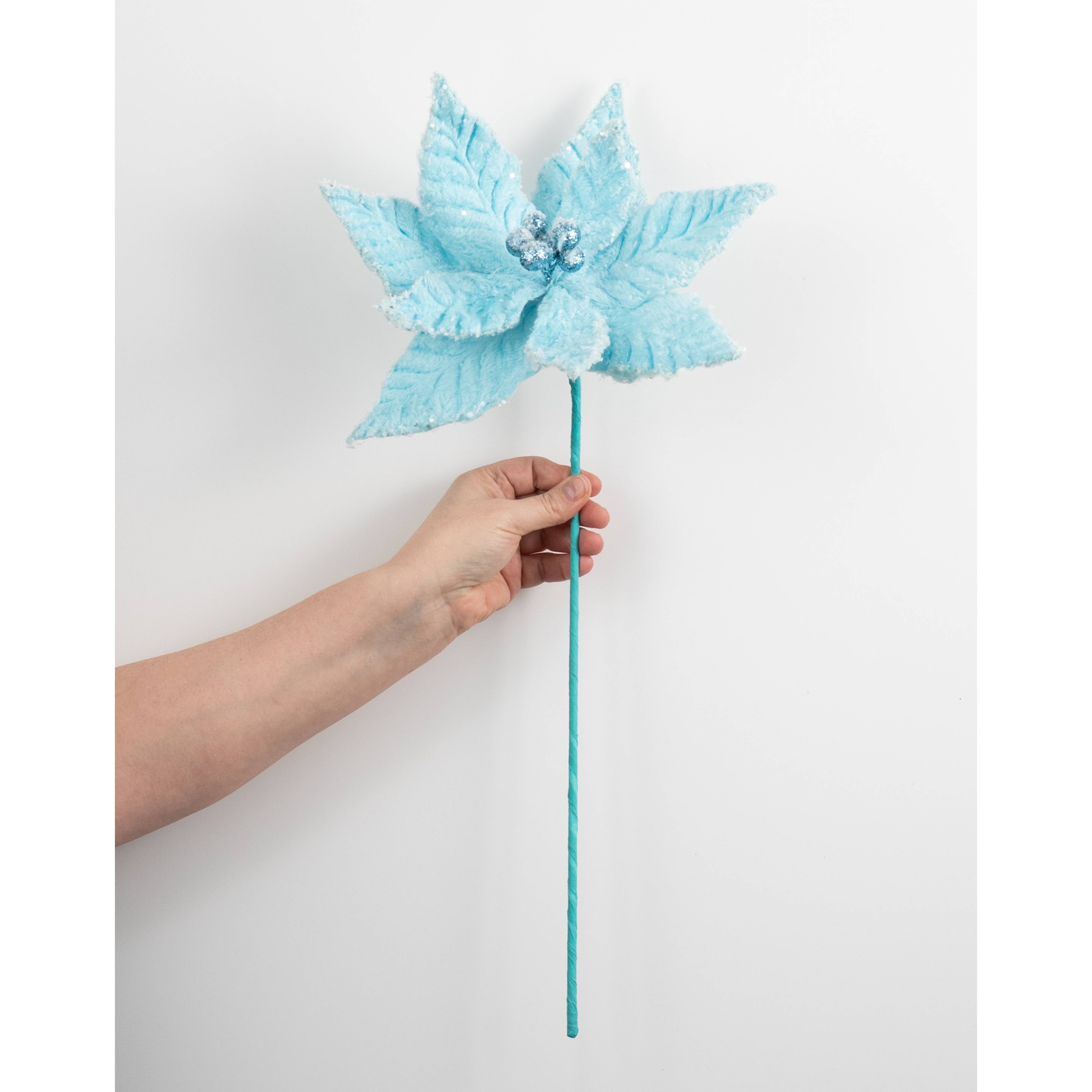 20" Faux Fur Poinsettia Pick: Ice Blue detail photo 3