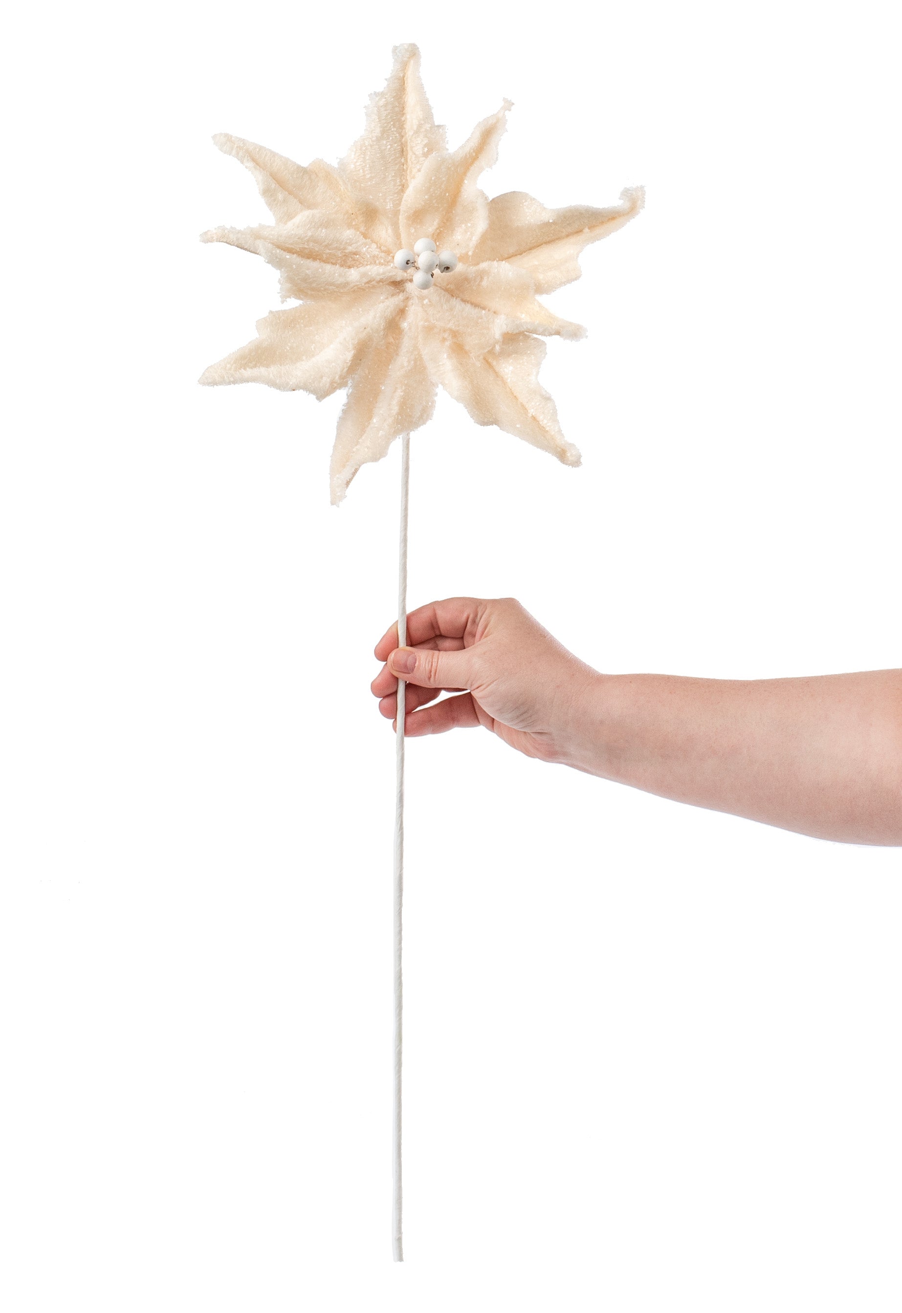28" Faux Fur Poinsettia Pick: Ivory detail photo 3
