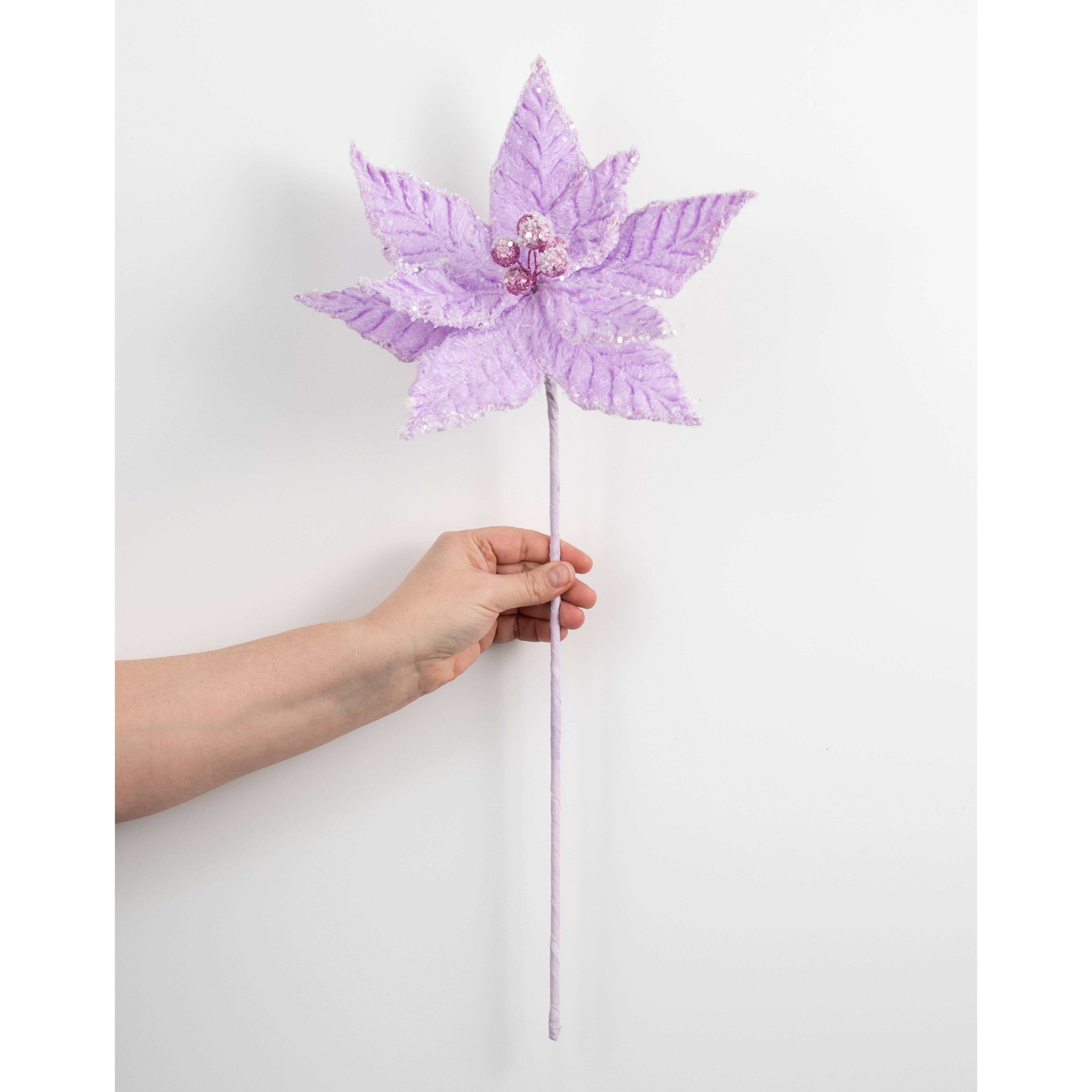 20" Faux Fur Poinsettia Pick: Lavender Purple detail photo 3