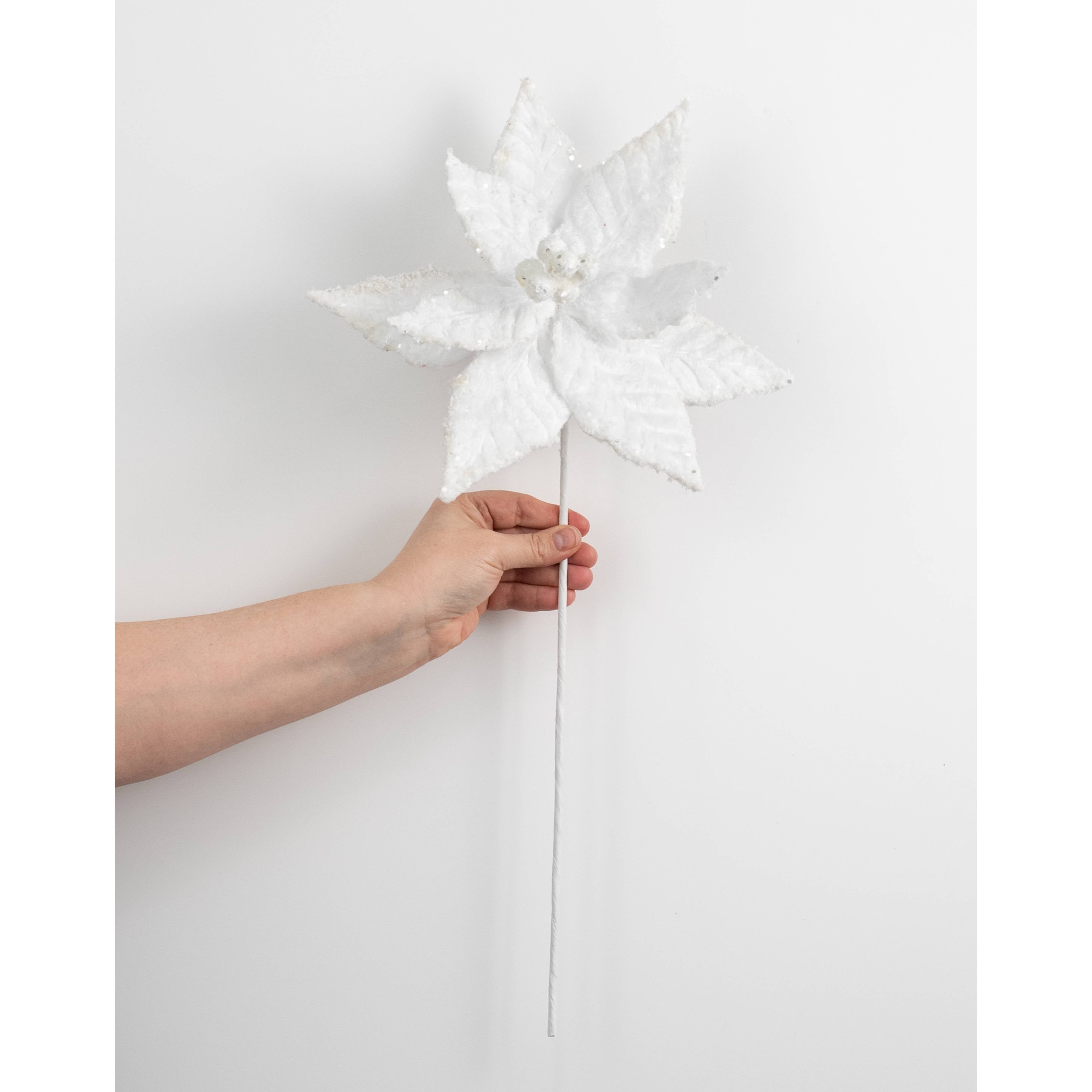 20" Faux Fur Poinsettia Pick: White detail photo 3
