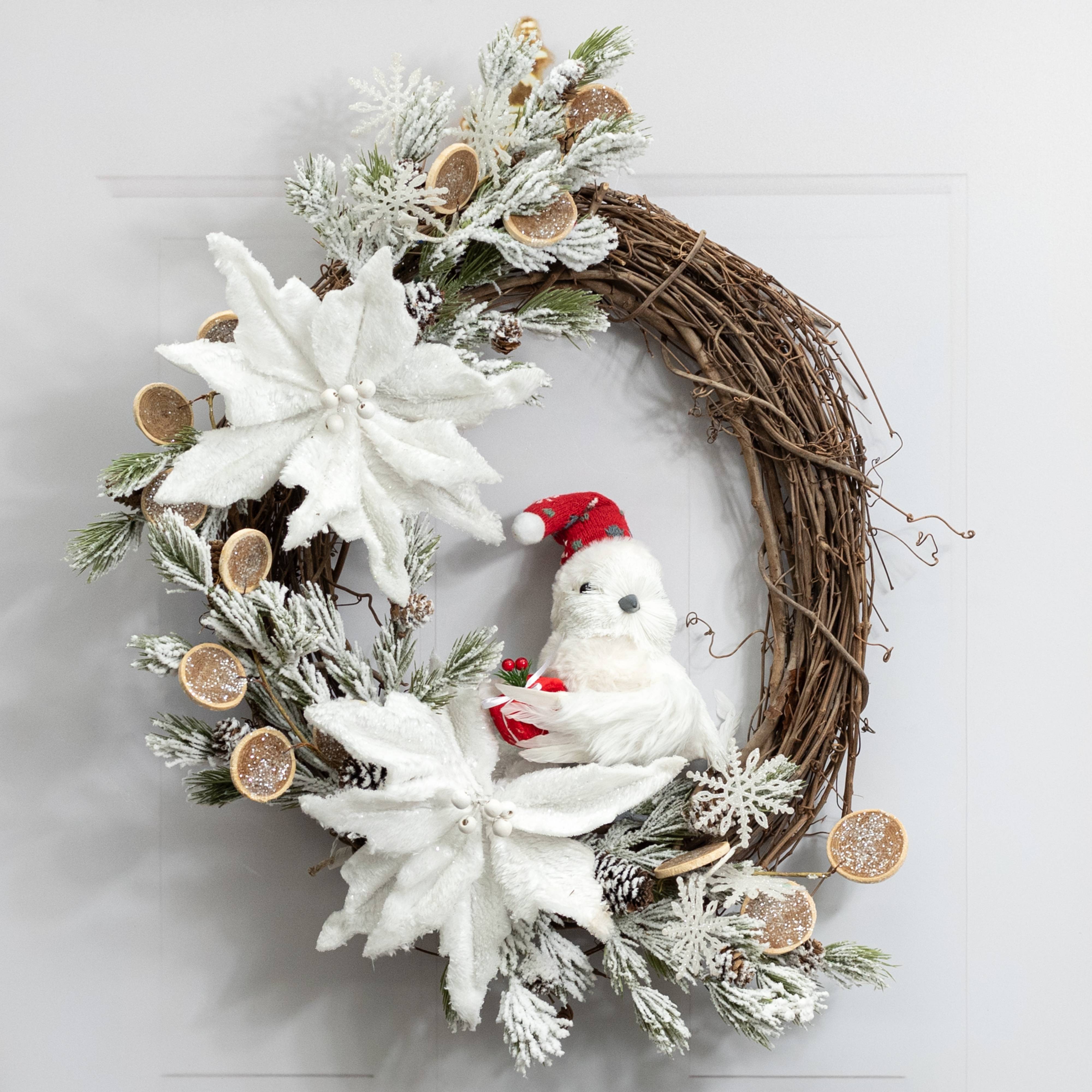 9" Feathered Christmas Bird with Hat & Gift: White Lifestyle Photo