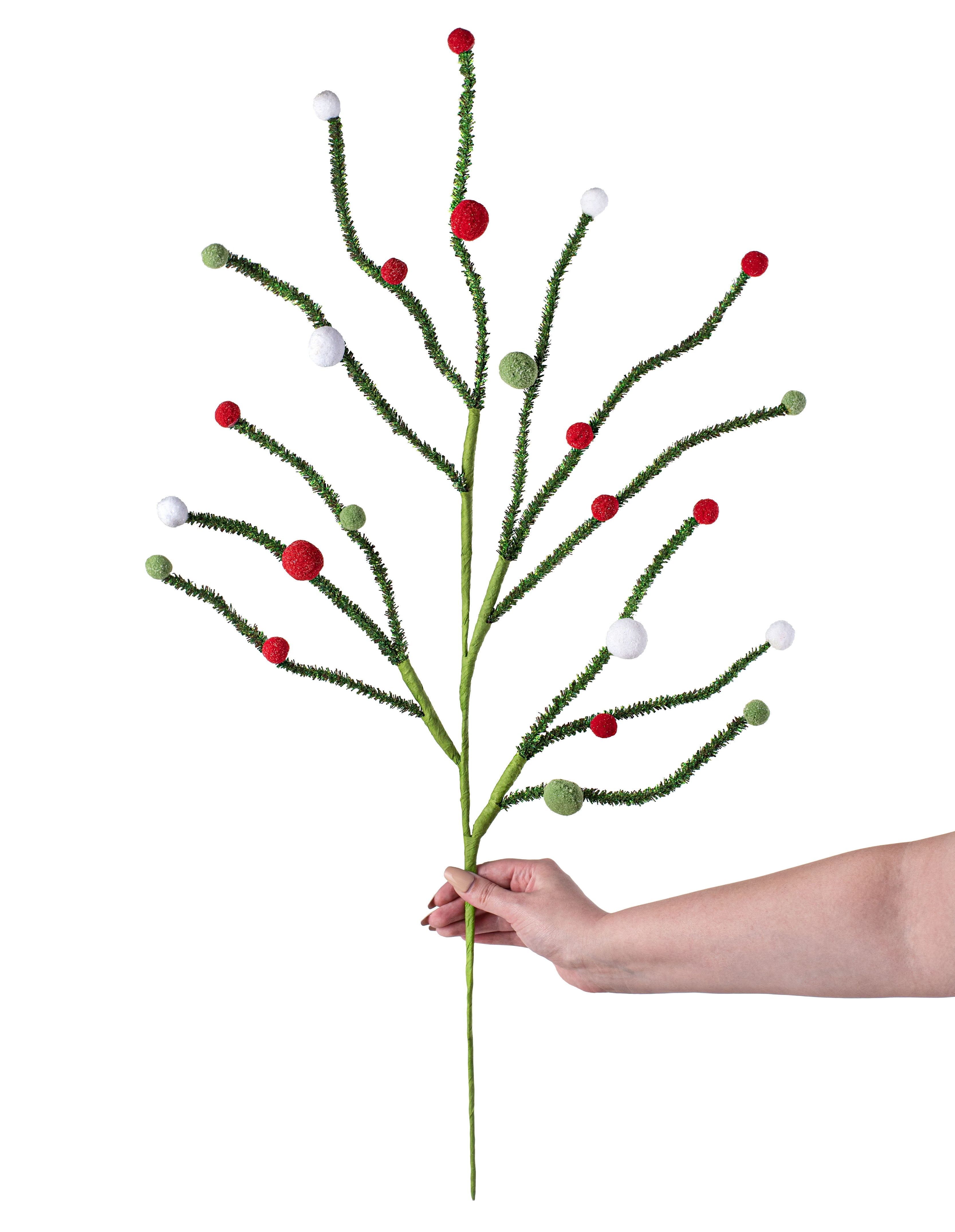 31" Felt Ball Twig Spray: Red, White, Green detail photo 3