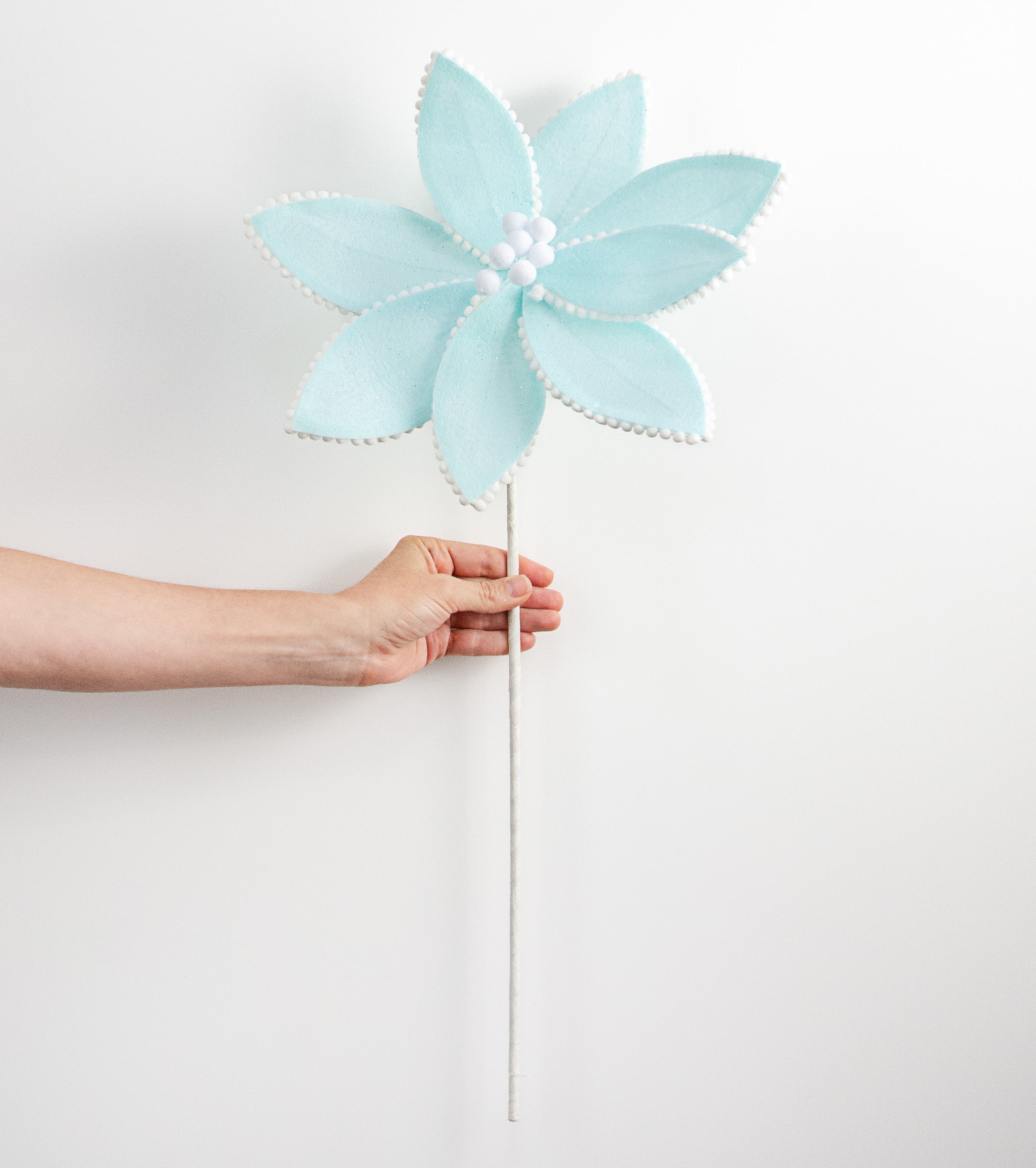 12" Felt Poinsettia Ball Fringe Stem: Light Blue detail photo 3