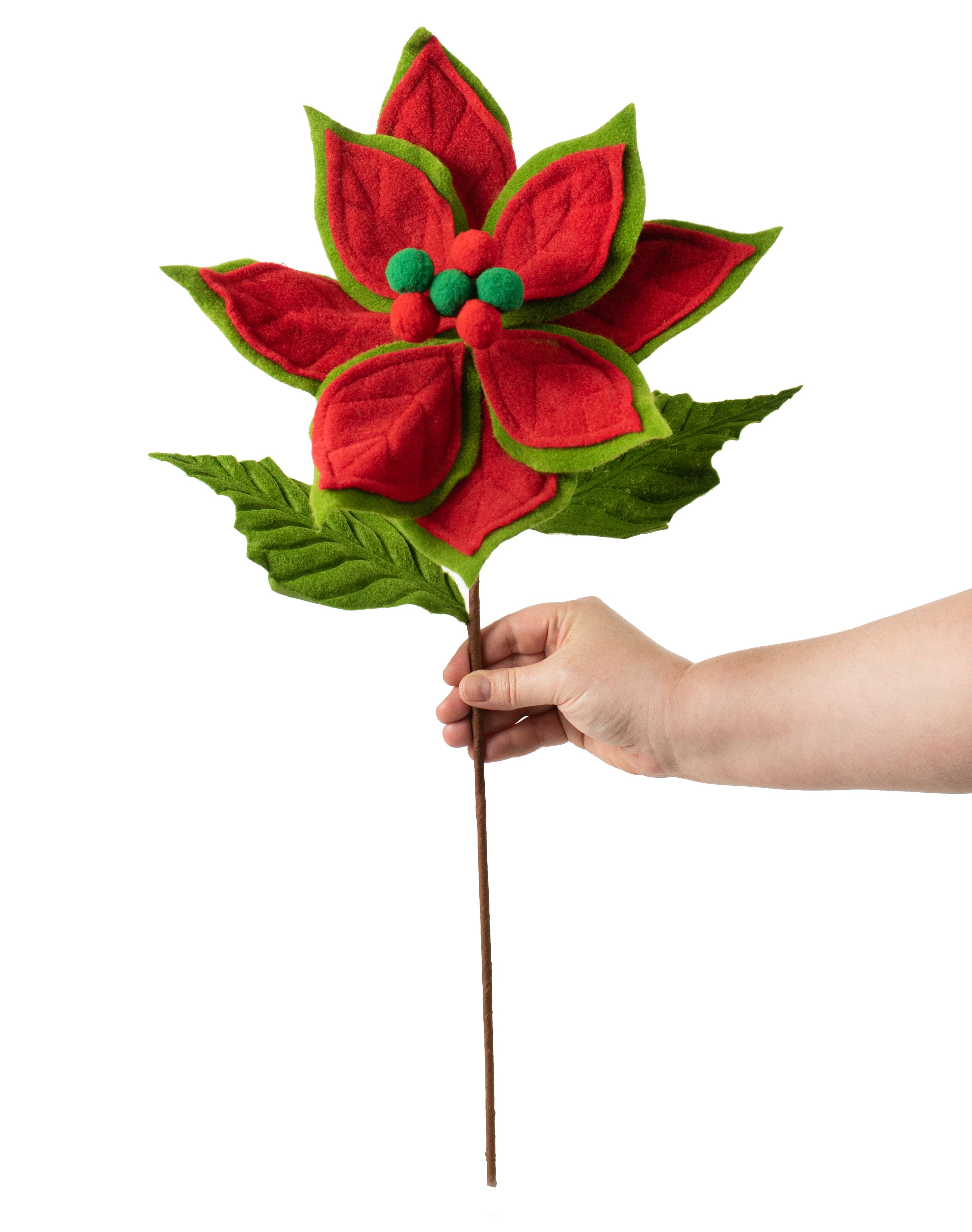 22" Felt Poinsettia Stem: Red, Green, Emerald detail photo 3