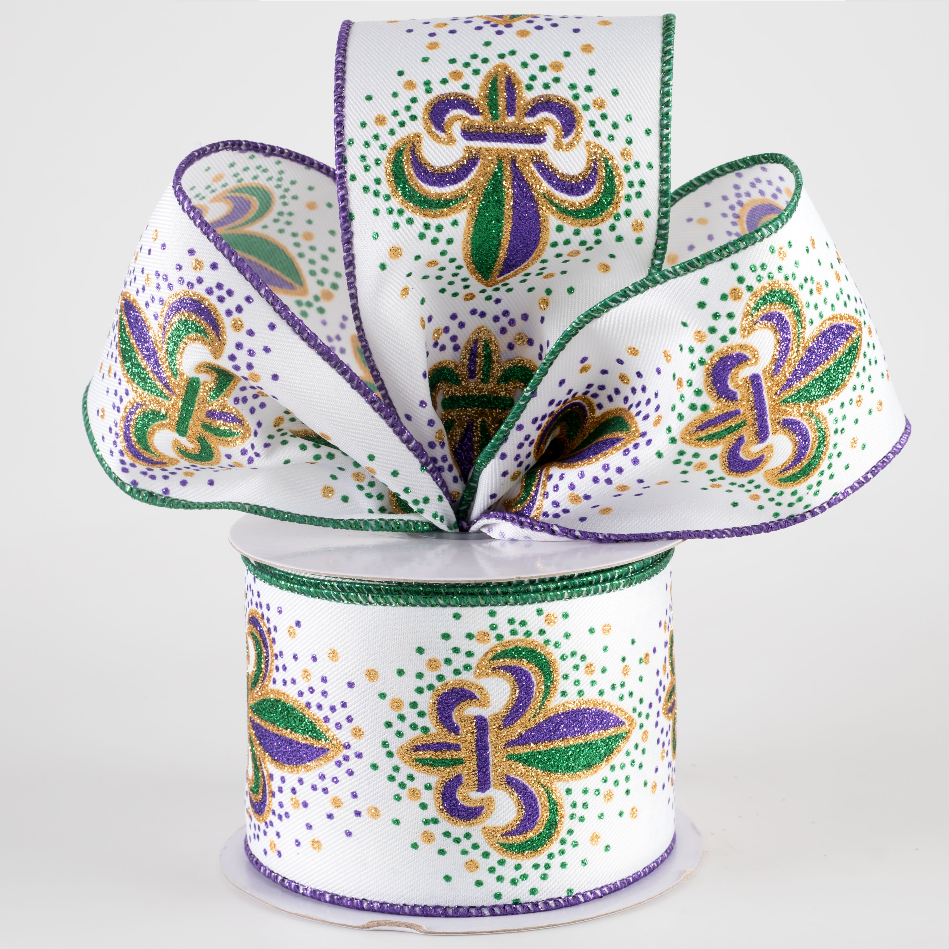 2.5" Fleur de Lis Ribbon: White & Mardi Gras (10 Yards) Lifestyle Photo