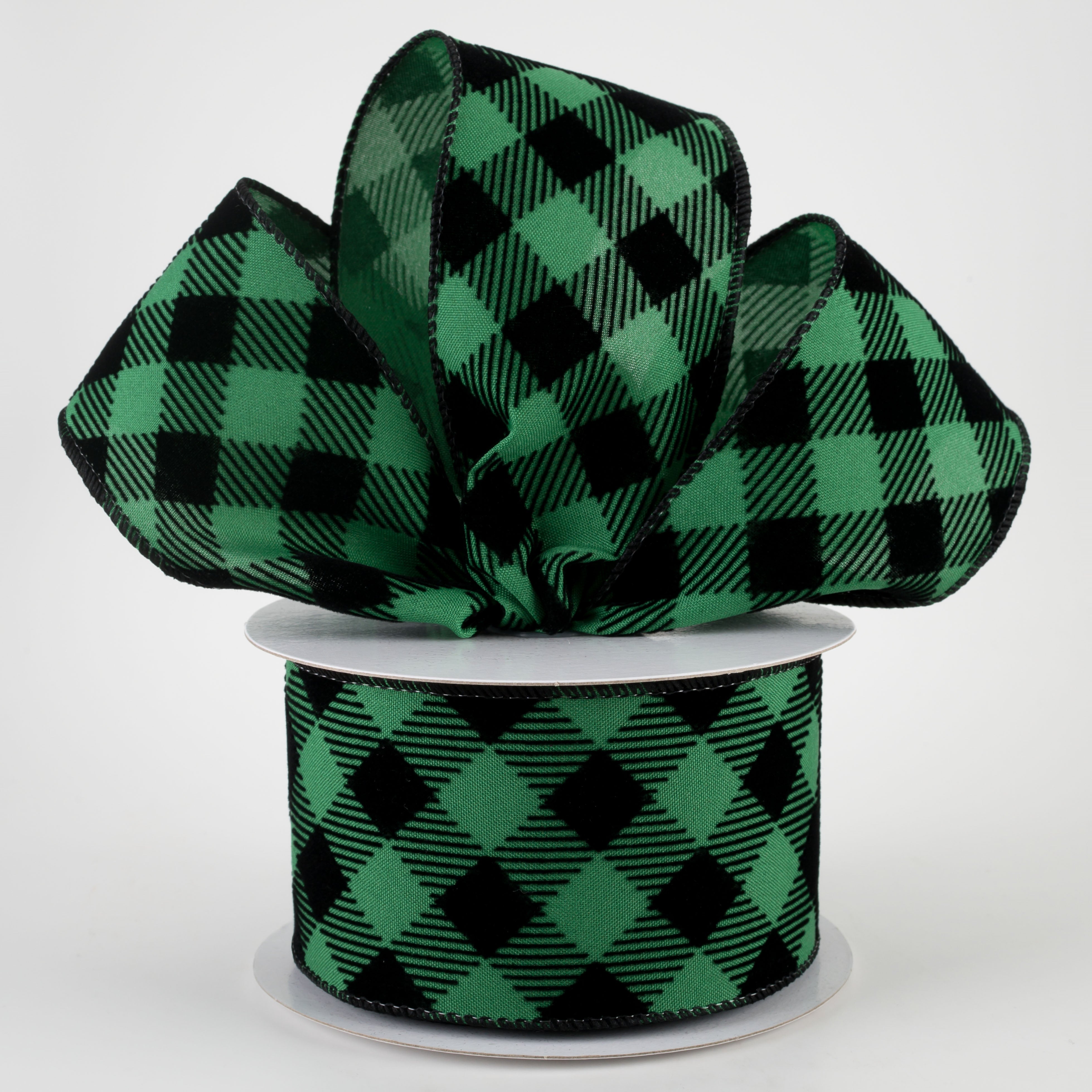 2.5" Flocked Diagonal Check Ribbon: Emerald, Black (10 Yards) Lifestyle Photo