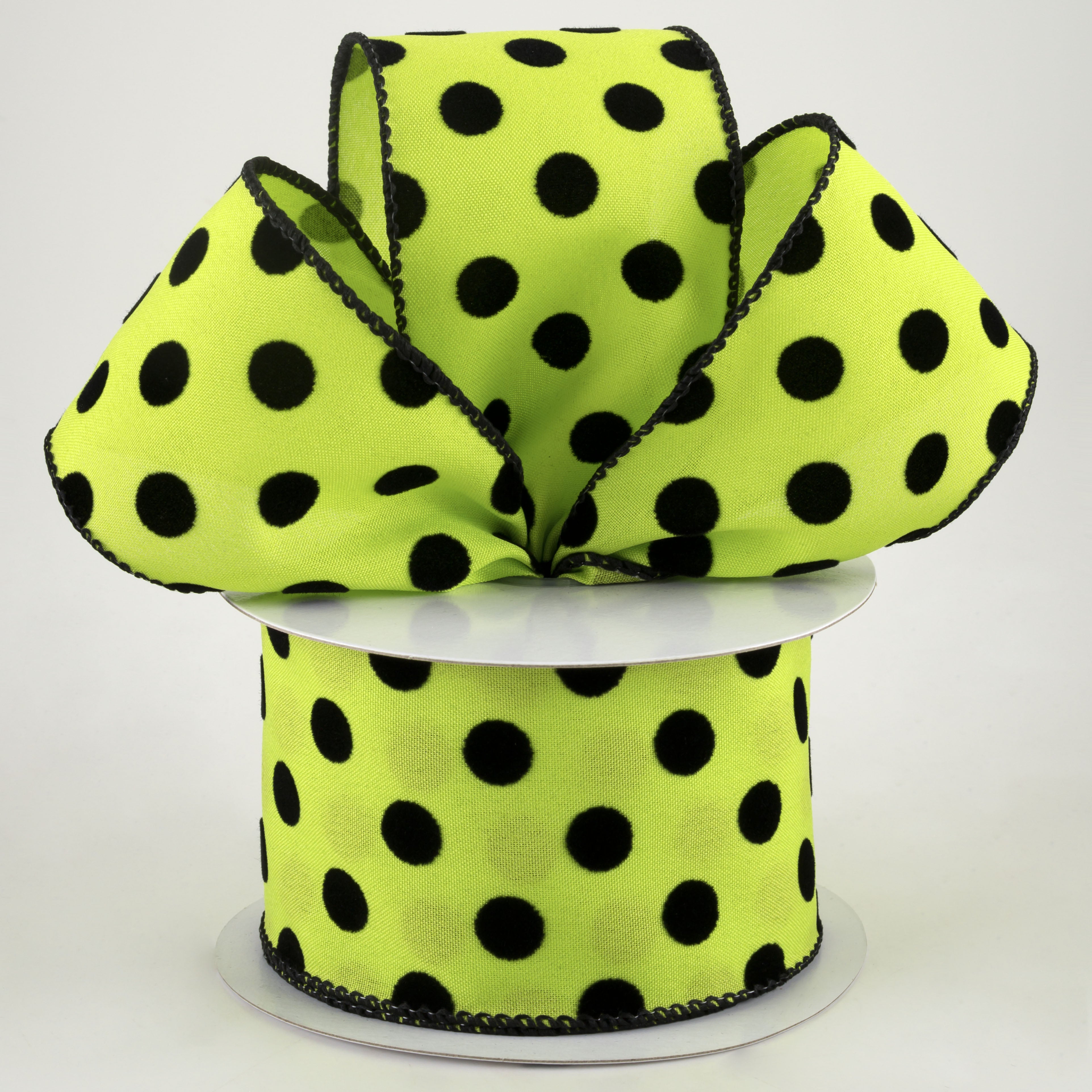 2.5" Flocked Dots Ribbon: Lime & Black (10 Yards) Lifestyle Photo