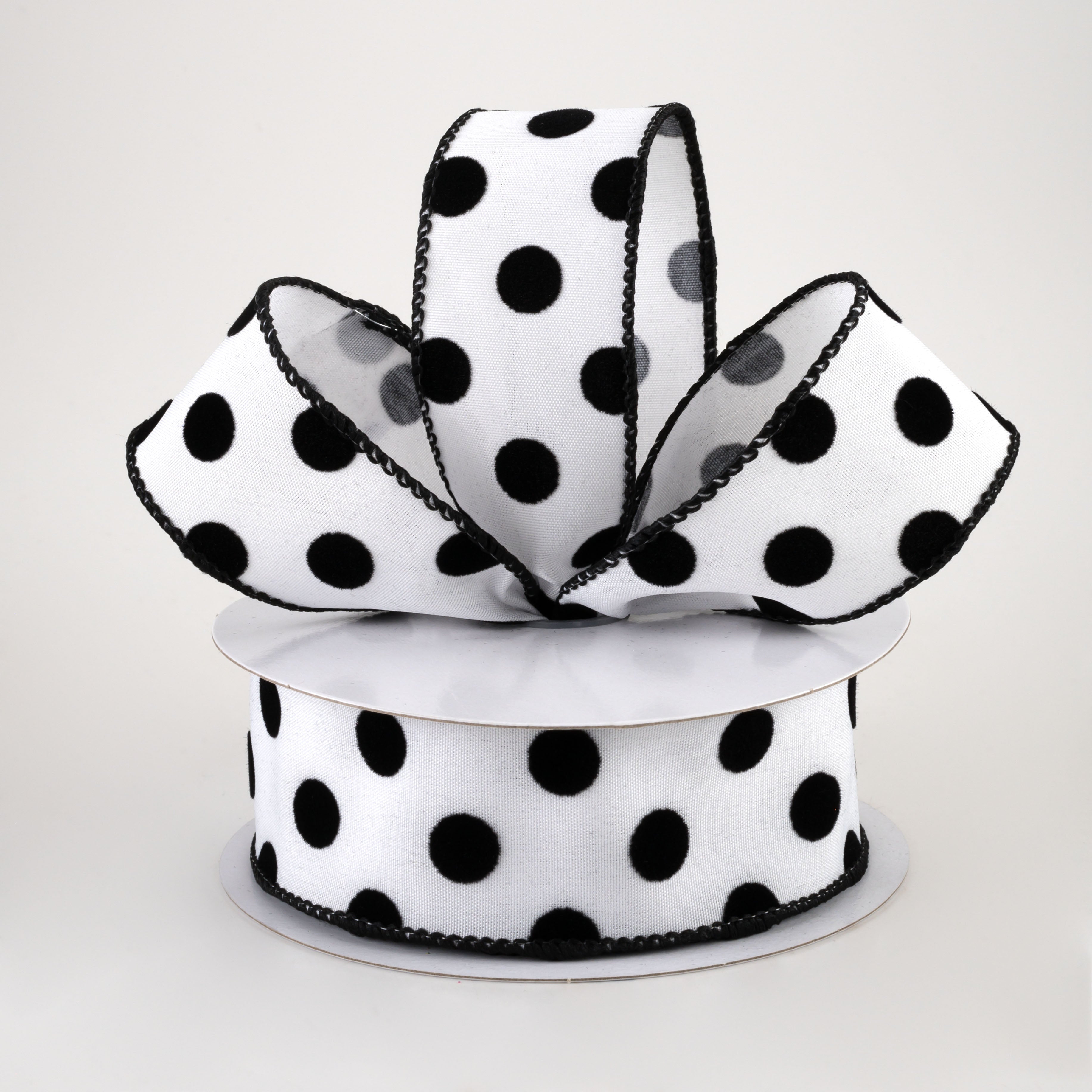 1.5" Flocked Dots Ribbon: White & Black (10 Yards) Lifestyle Photo