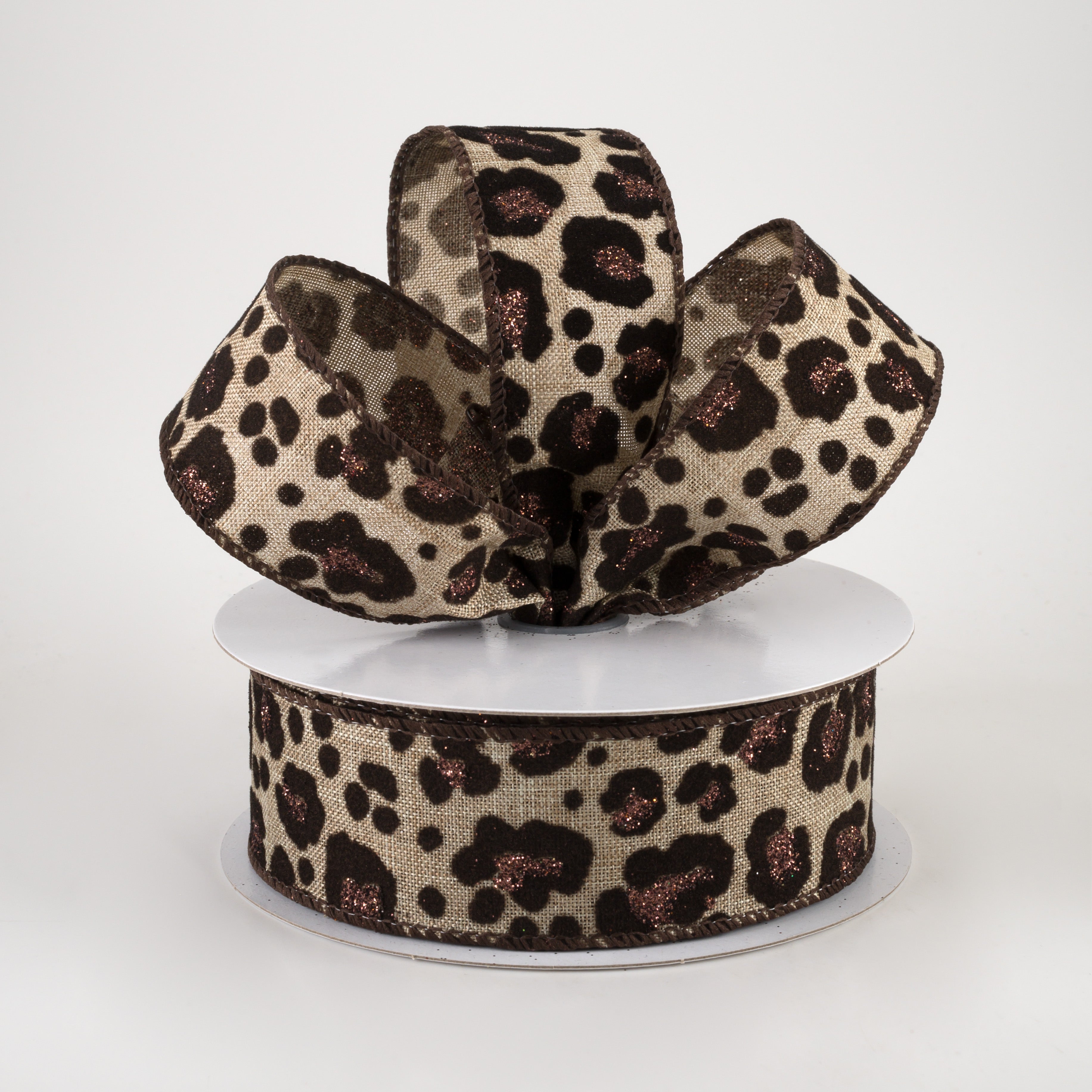 1.5" Flocked & Glittered Leopard Linen Ribbon: Natural (10 Yards) Lifestyle Photo