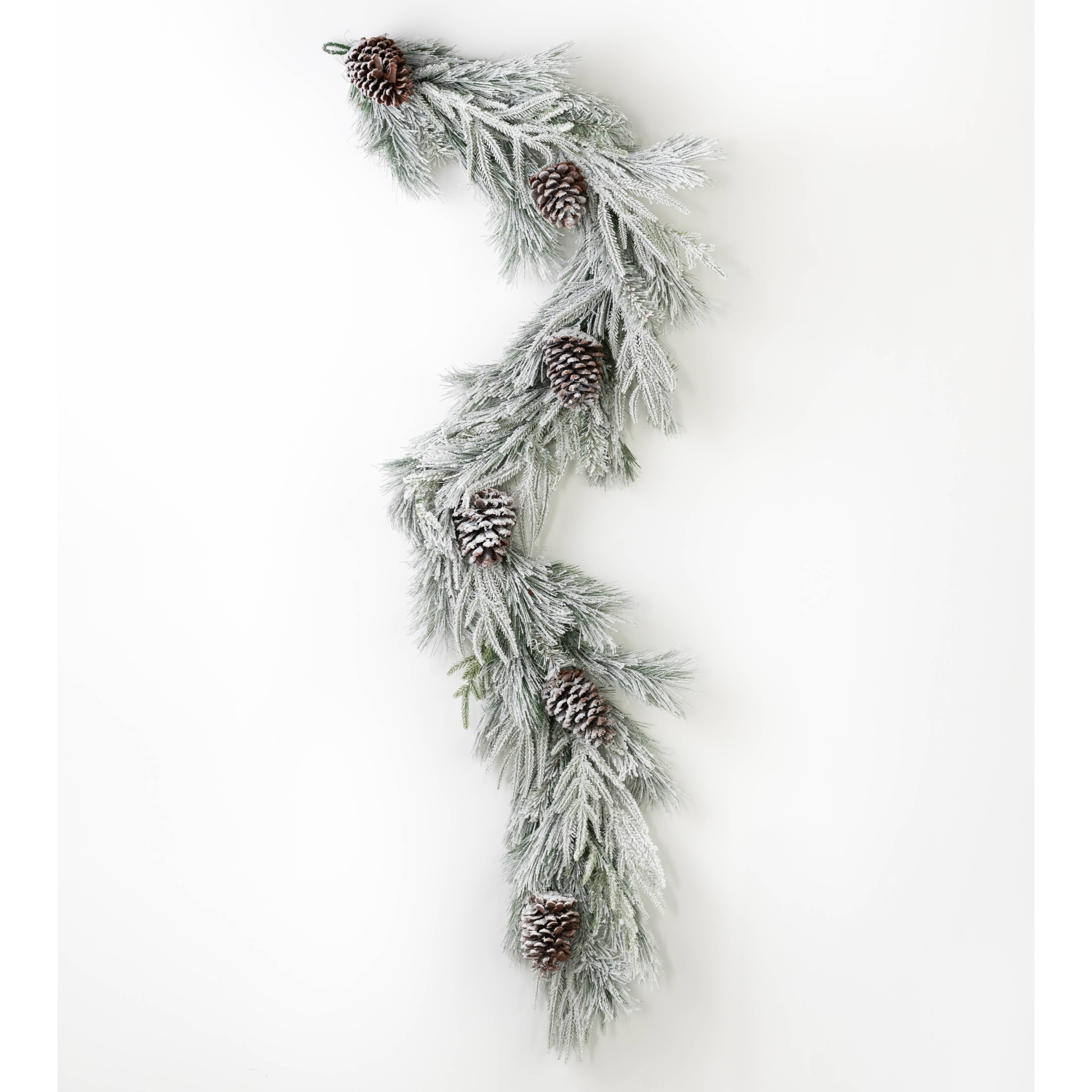 6' Flocked Mixed Pine & Cones Garland detail photo 3