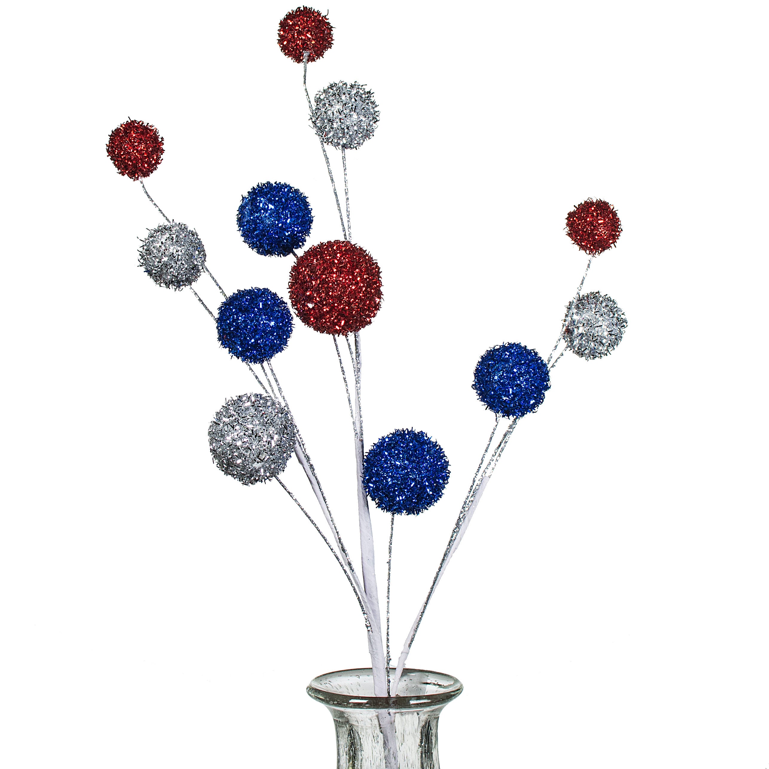 28" Foil Tinsel Ball Spray: Red, Silver, Blue Item Number: XP367475