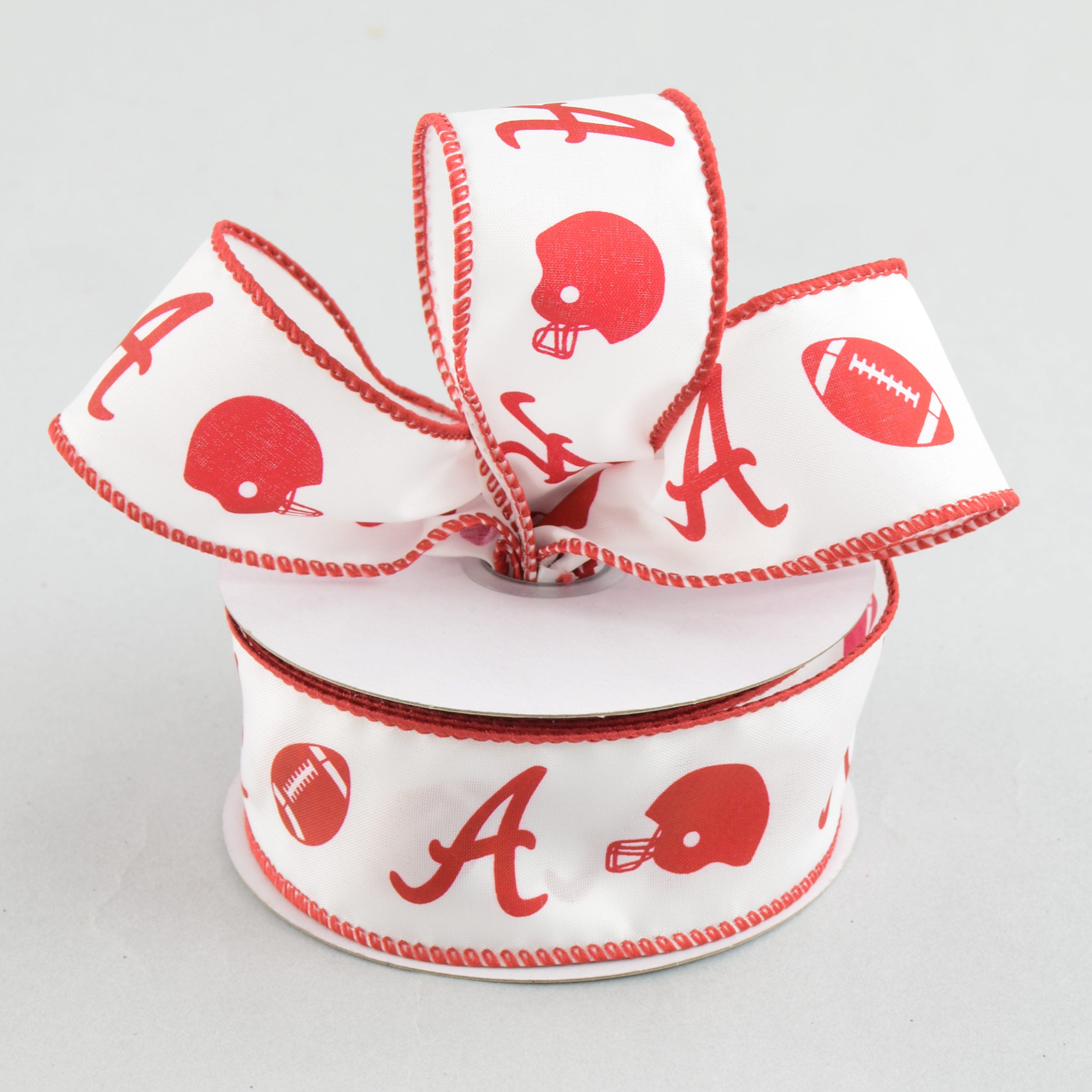 1.5" Football Helmet Crimson A Ribbon (10 Yards) Lifestyle Photo