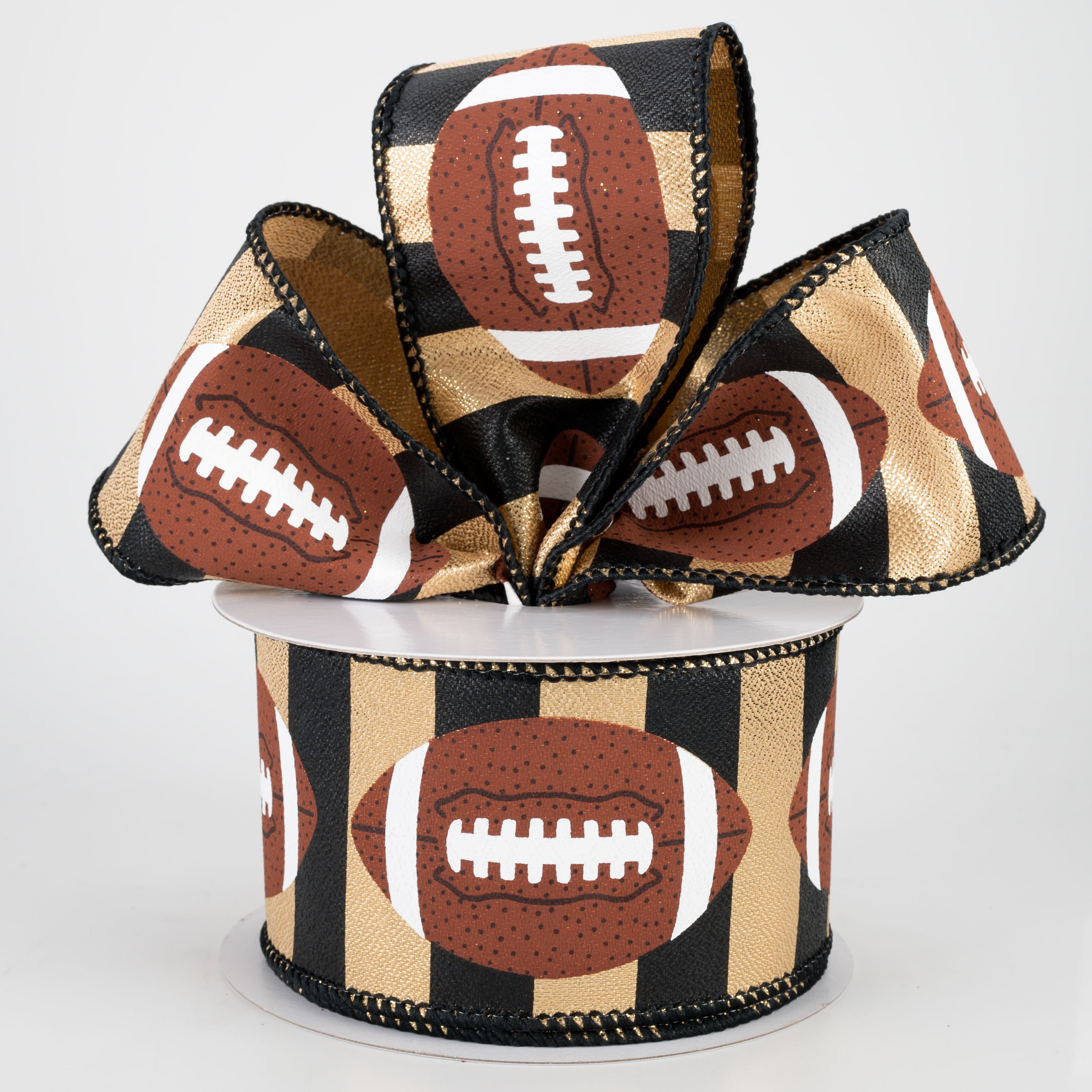 2.5" Footballs On Stripe Ribbon: Black & Gold (10 Yards) Lifestyle Photo