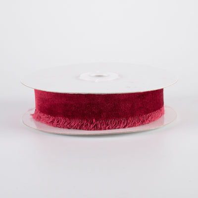 1" Frayed Edge Unwired Velvet Ribbon: Burgundy Red (10 Yards)