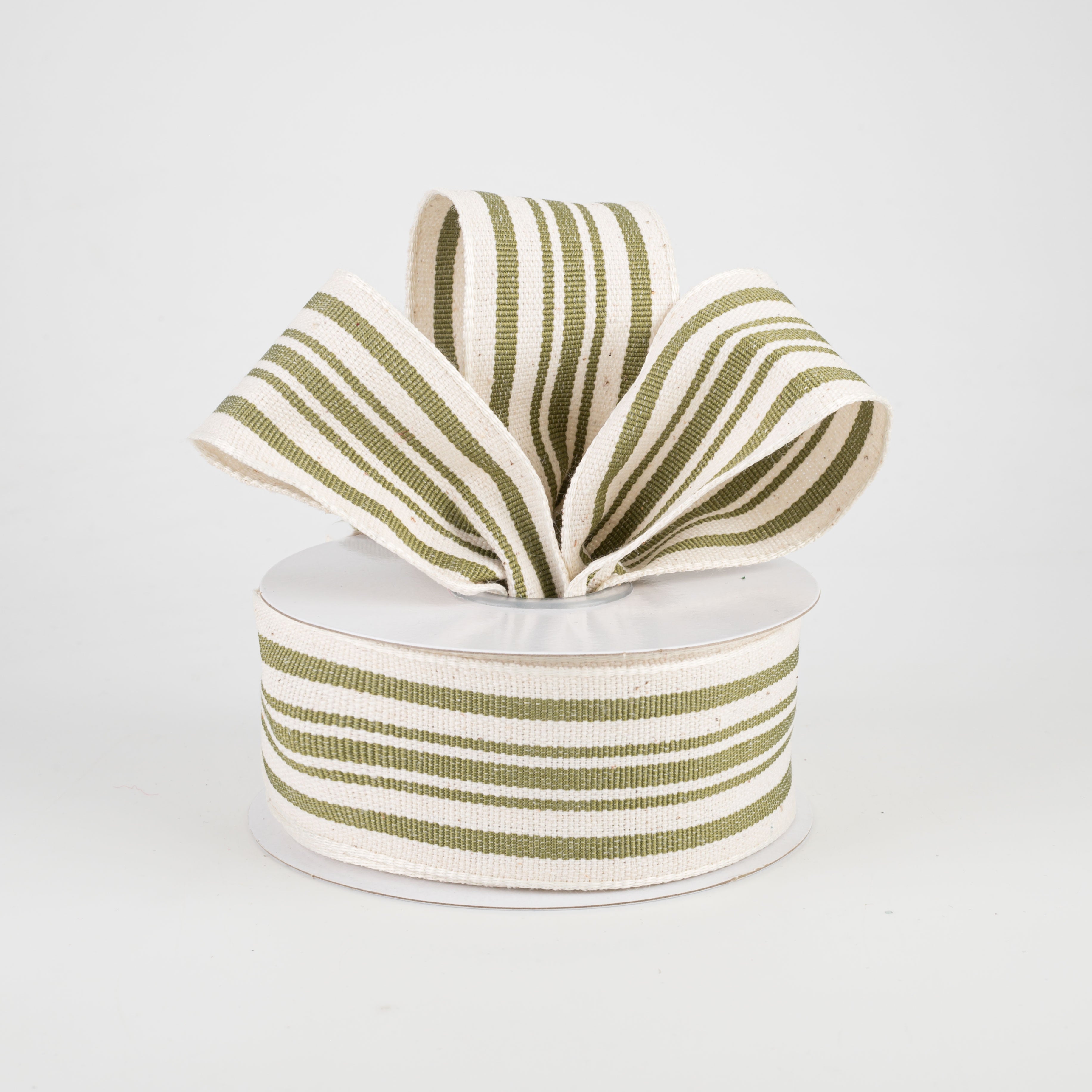 1.5" French Ticking Stripe Ribbon: Ivory & Moss Green (10 Yards) Lifestyle Photo