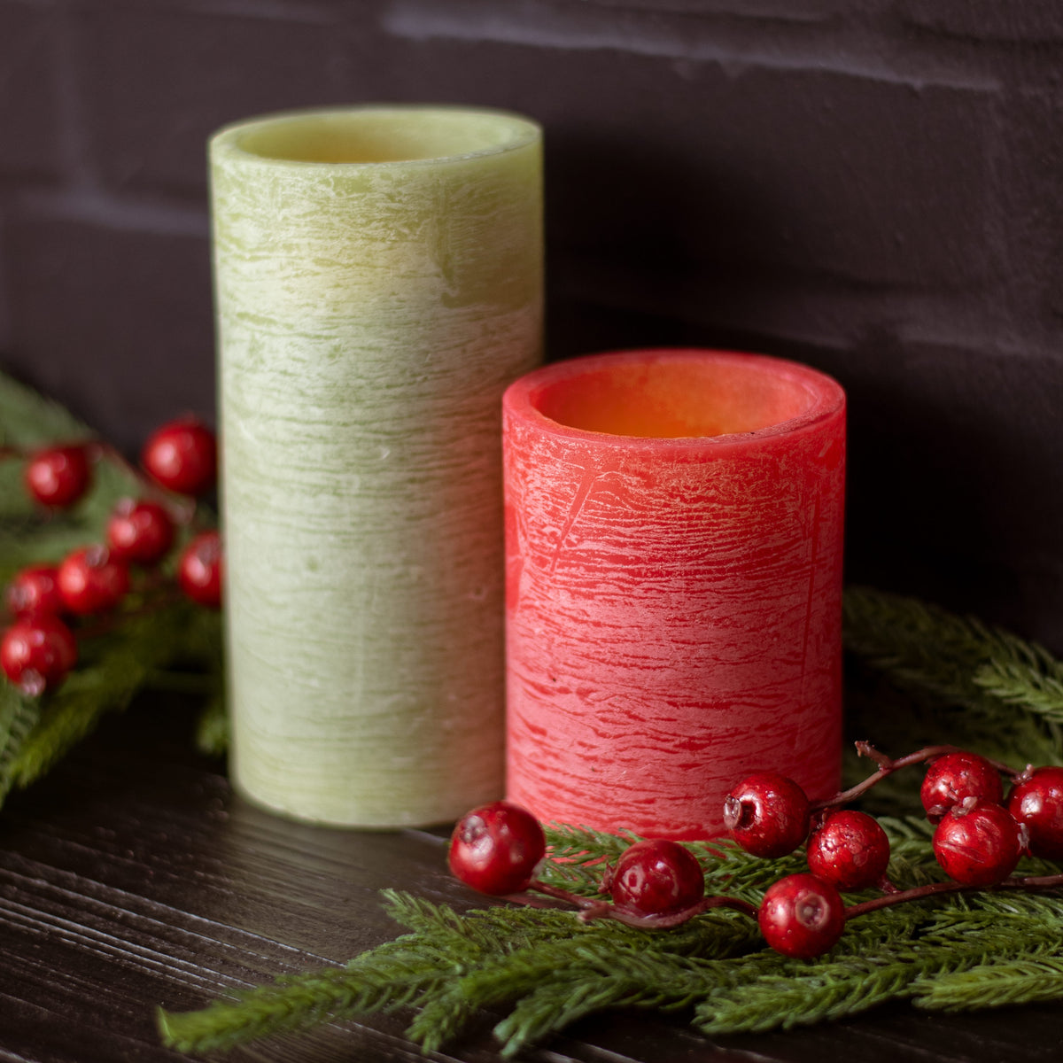 6" Frosted Flameless Candle: Moss Green Lifestyle Photo