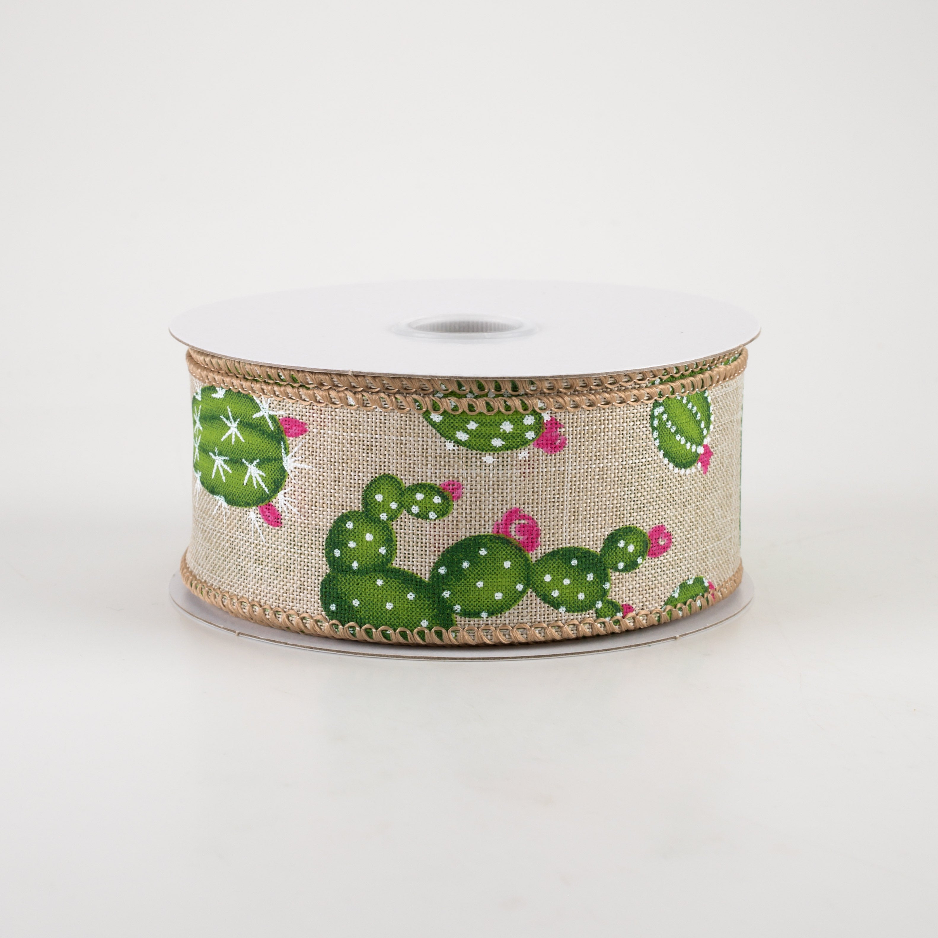 1.5" Fuchsia Flower Cactus Ribbon: Natural (10 Yards)