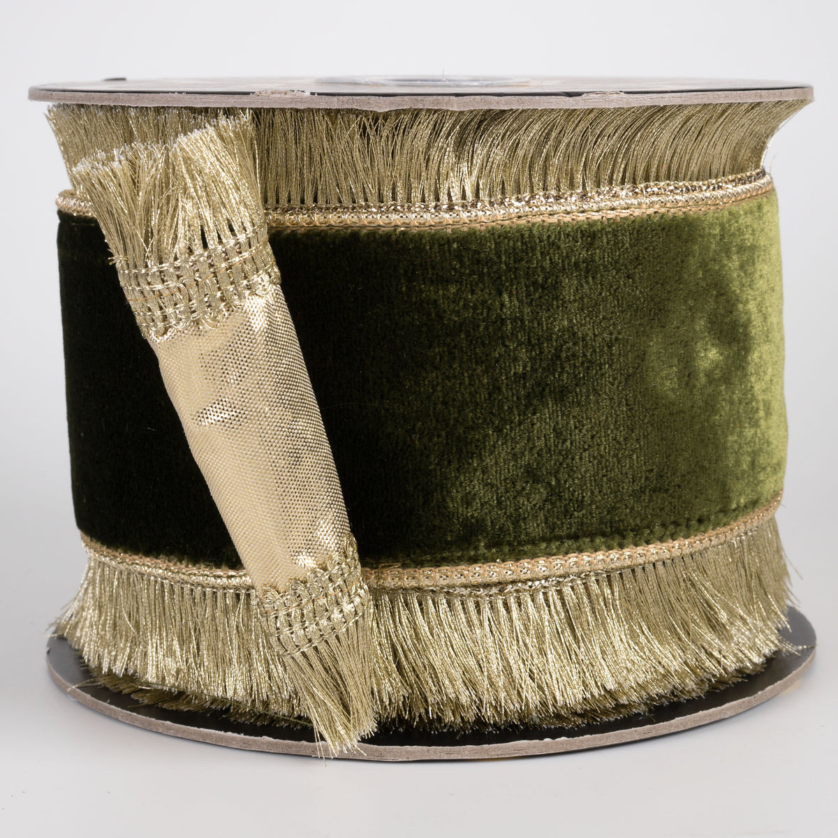 4" Fused Sheldon Fringe Edge Velvet & Metallic Dupioni Ribbon: Moss Green & Gold (10 Yards) Item Number: RR0078