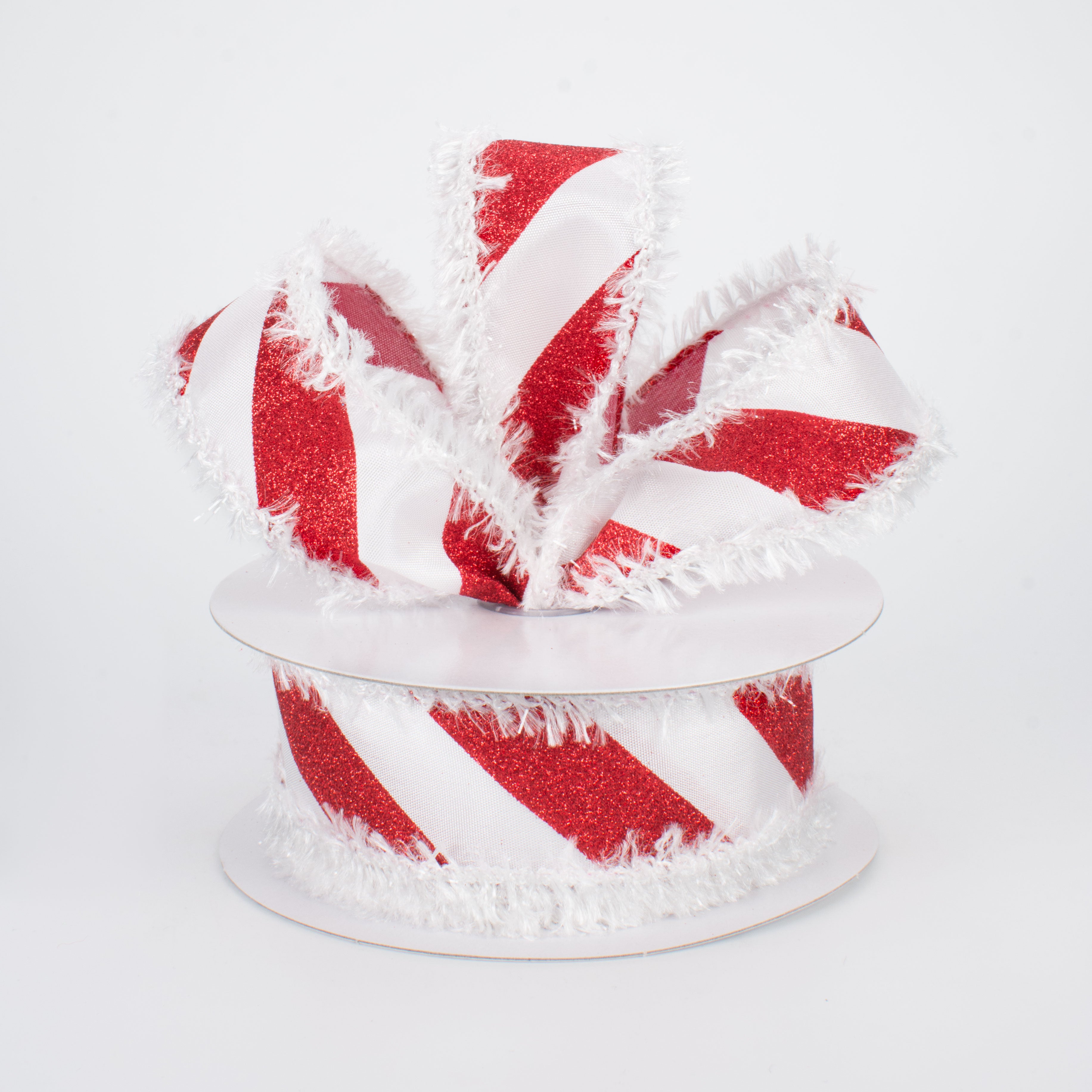 1.5" Fuzzy Edge Glittered Candy Cane Ribbon (10 Yards) Lifestyle Photo