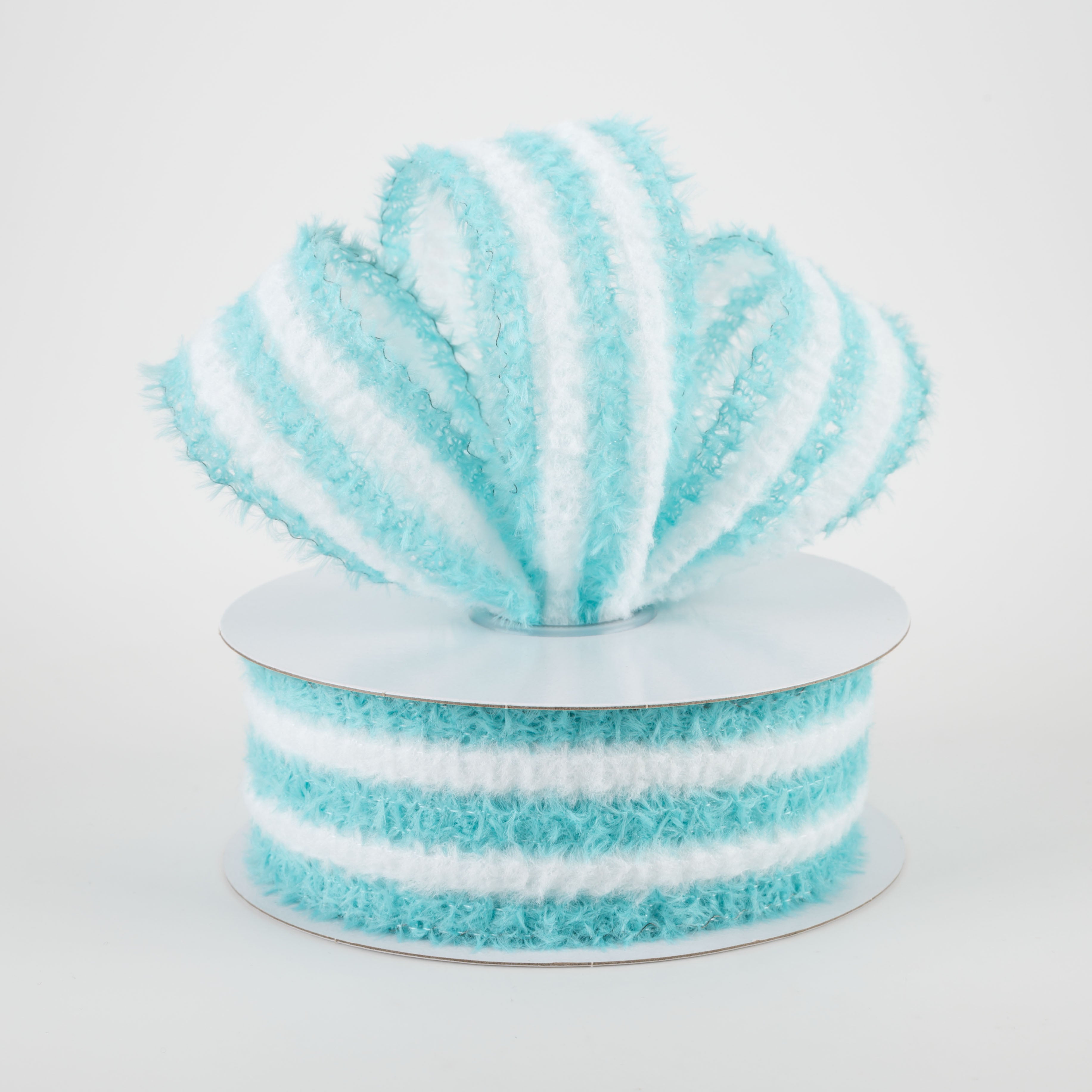 1.5" Fuzzy Stripes Ribbon: Aqua & White (10 Yards) Lifestyle Photo