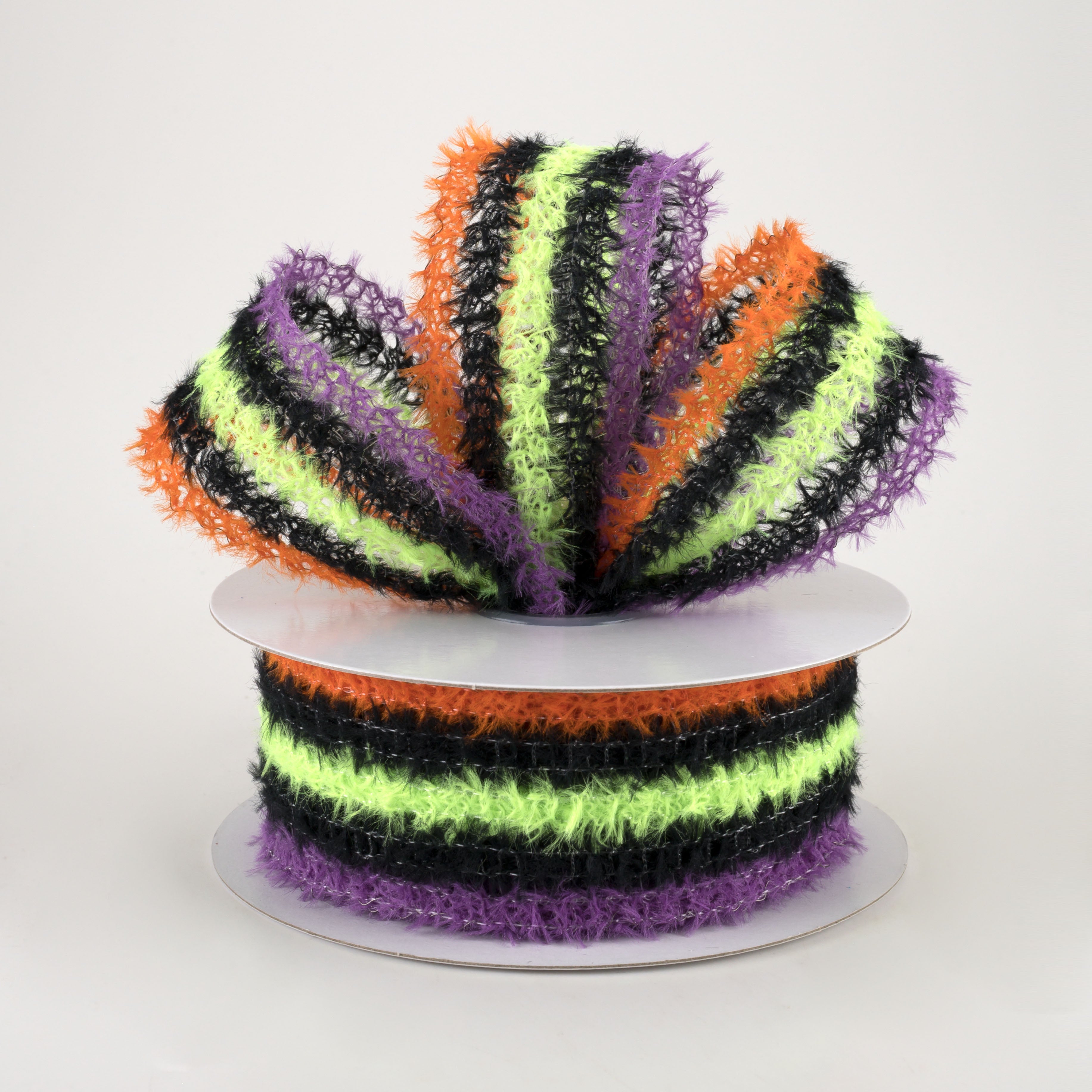 1.5" Fuzzy Stripes Ribbon: Black, Orange, Purple, Lime (10 Yards) Lifestyle Photo
