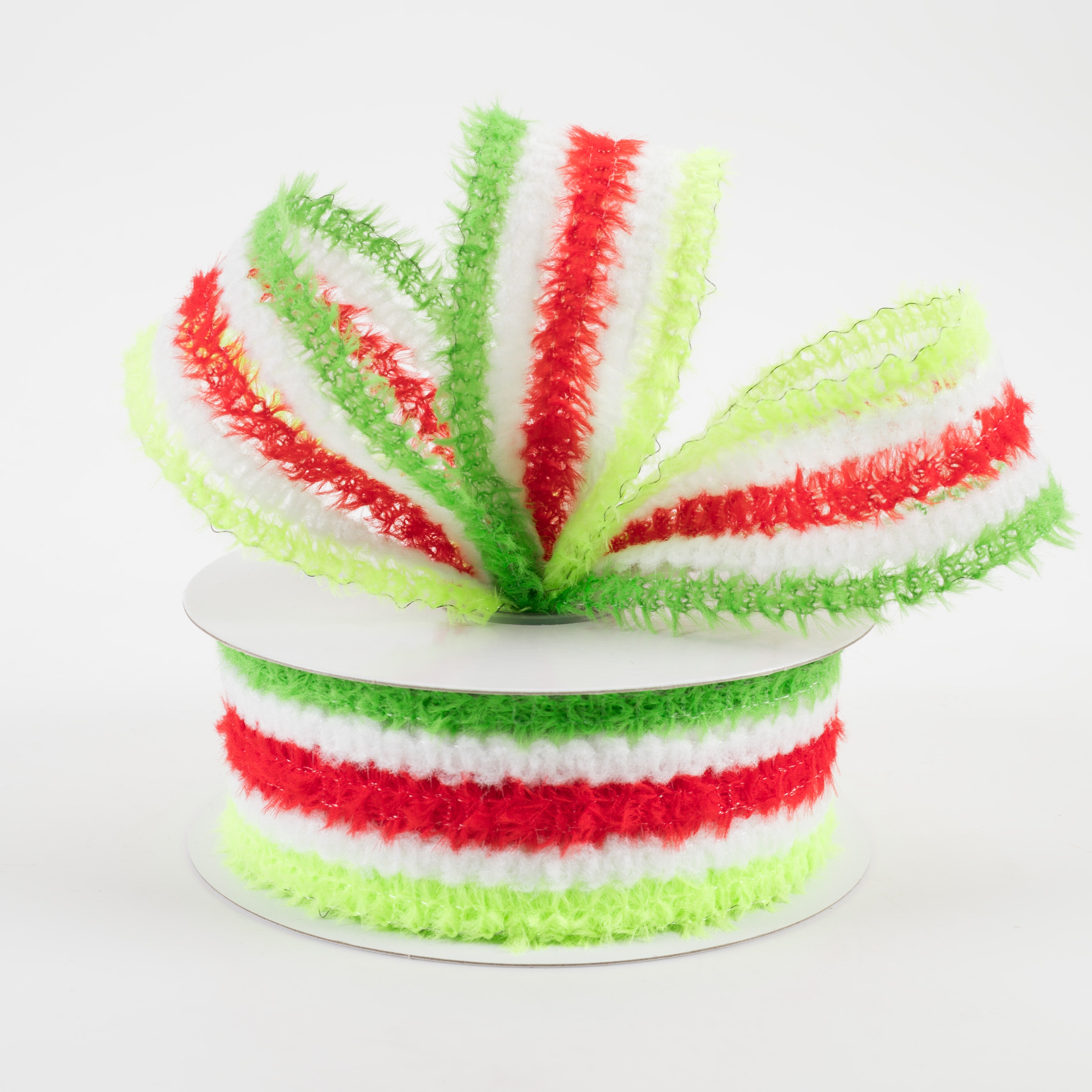 1.5" Fuzzy Stripes Ribbon: Red, White & Greens (10 Yards) Lifestyle Photo