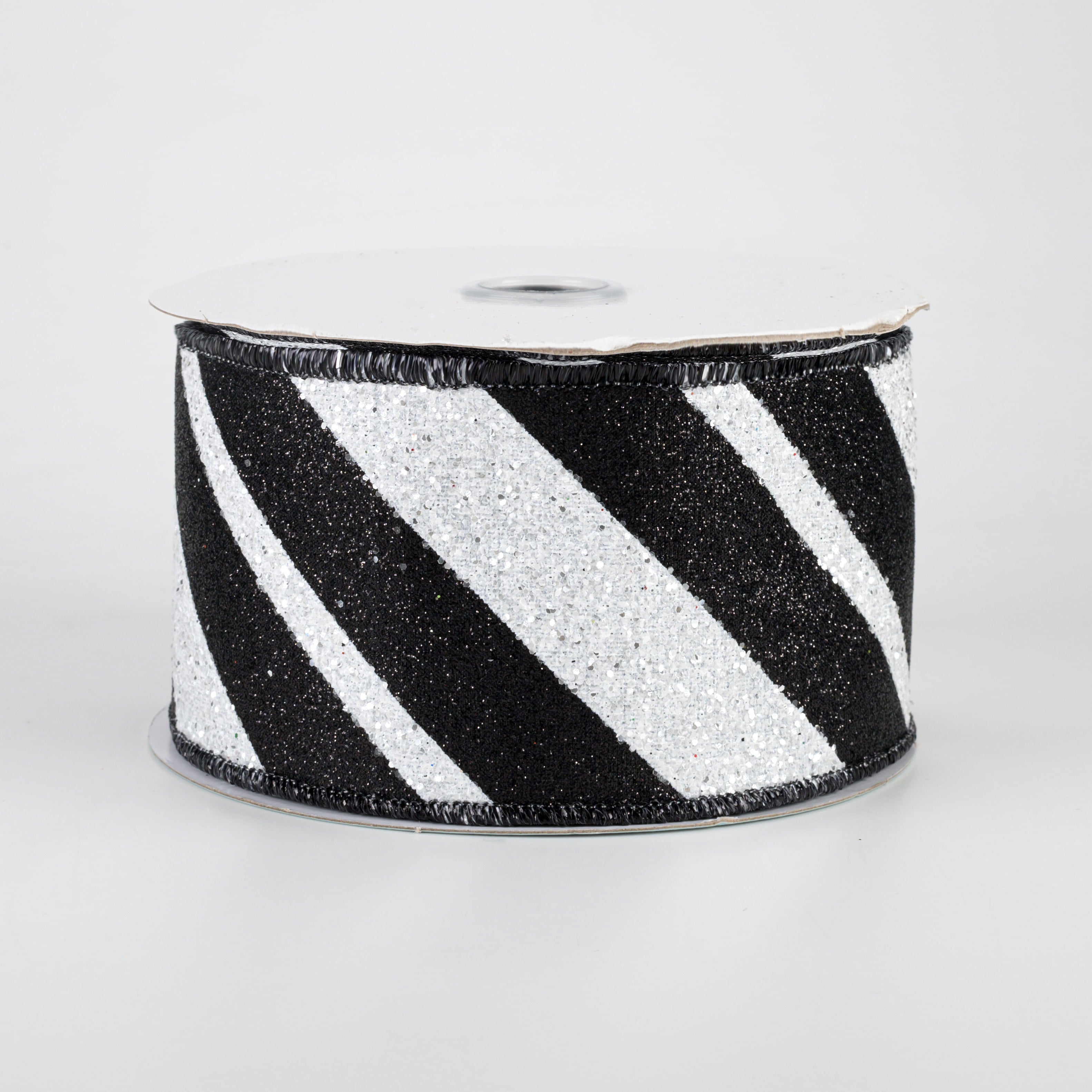 2.5" Giant Glitter Diagonal Lines Ribbon: Black & White (10 Yards)