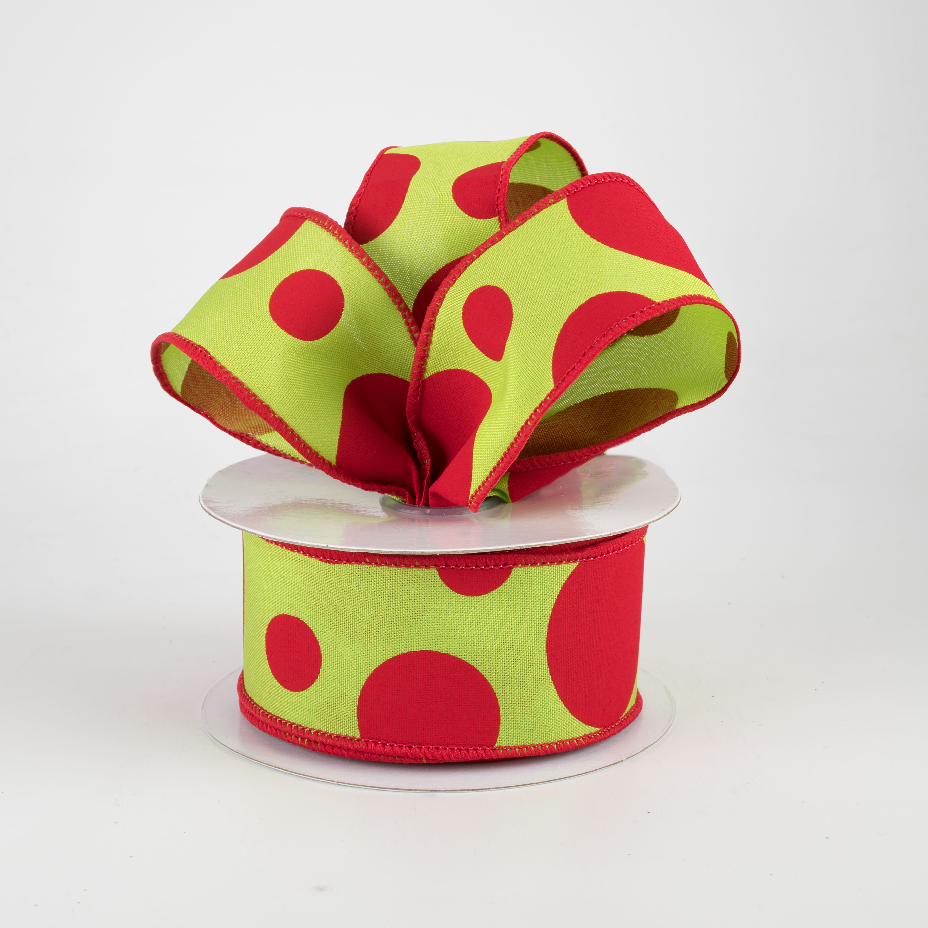 1.5" Giant Three Size Polka Dot Ribbon: Lime Green & Red (10 Yards) Lifestyle Photo