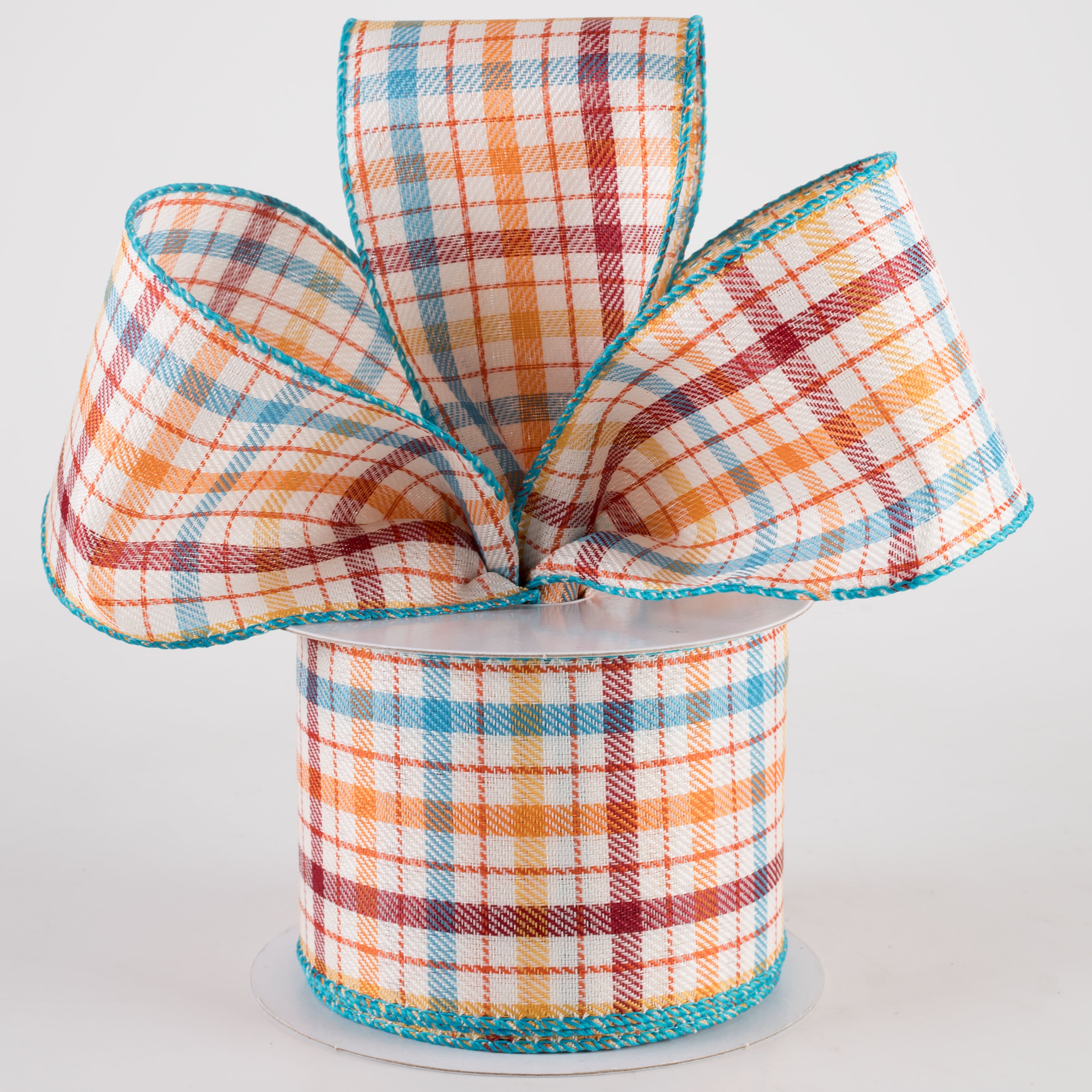 2.5" Gilmore Plaid Ribbon: Teal, Sunflower, Burgundy & Orange (10 Yards) Lifestyle Photo