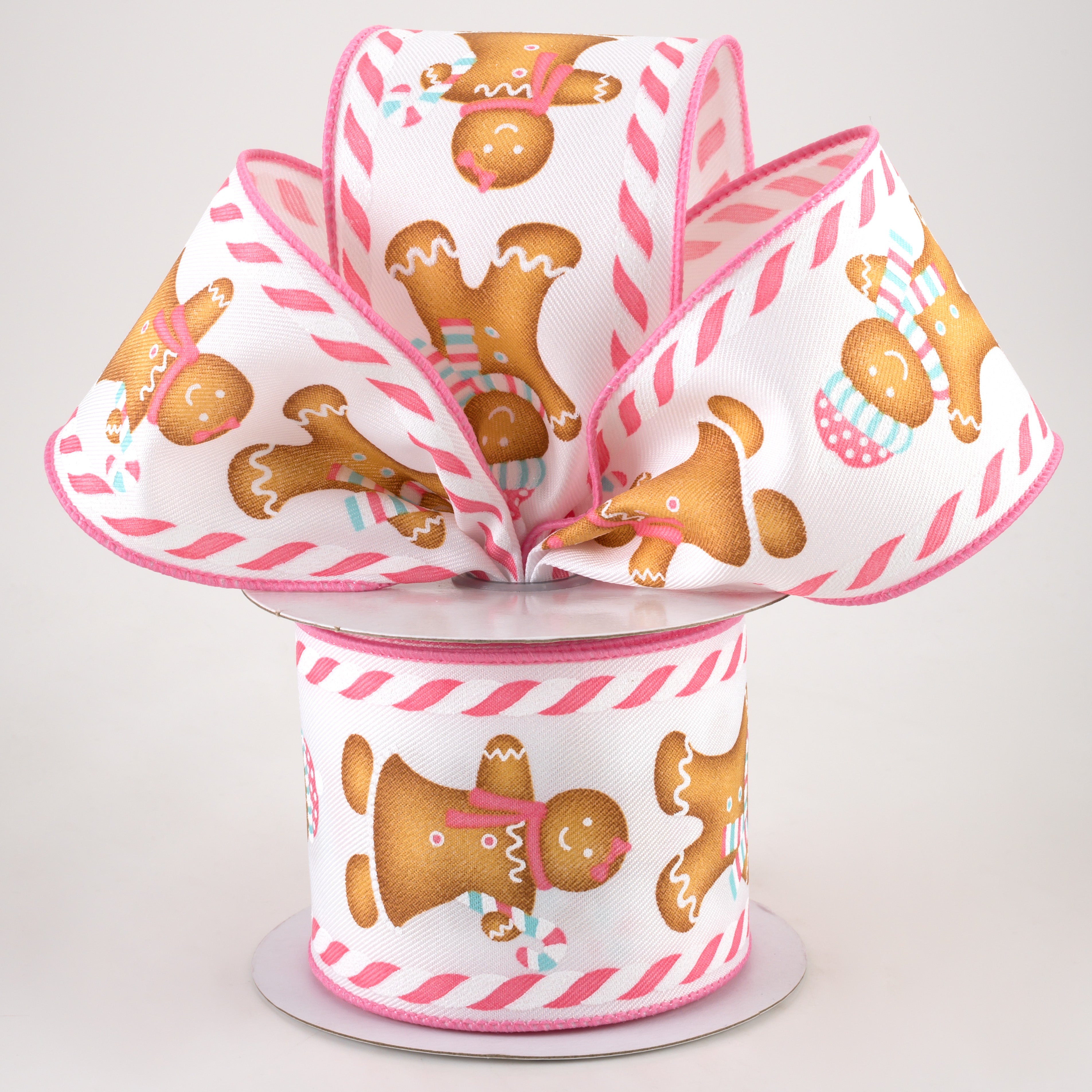 2.5" Gingerbread Boy & Girl Candy Ribbon: White, Pink, Ice Blue (10 Yards) Lifestyle Photo