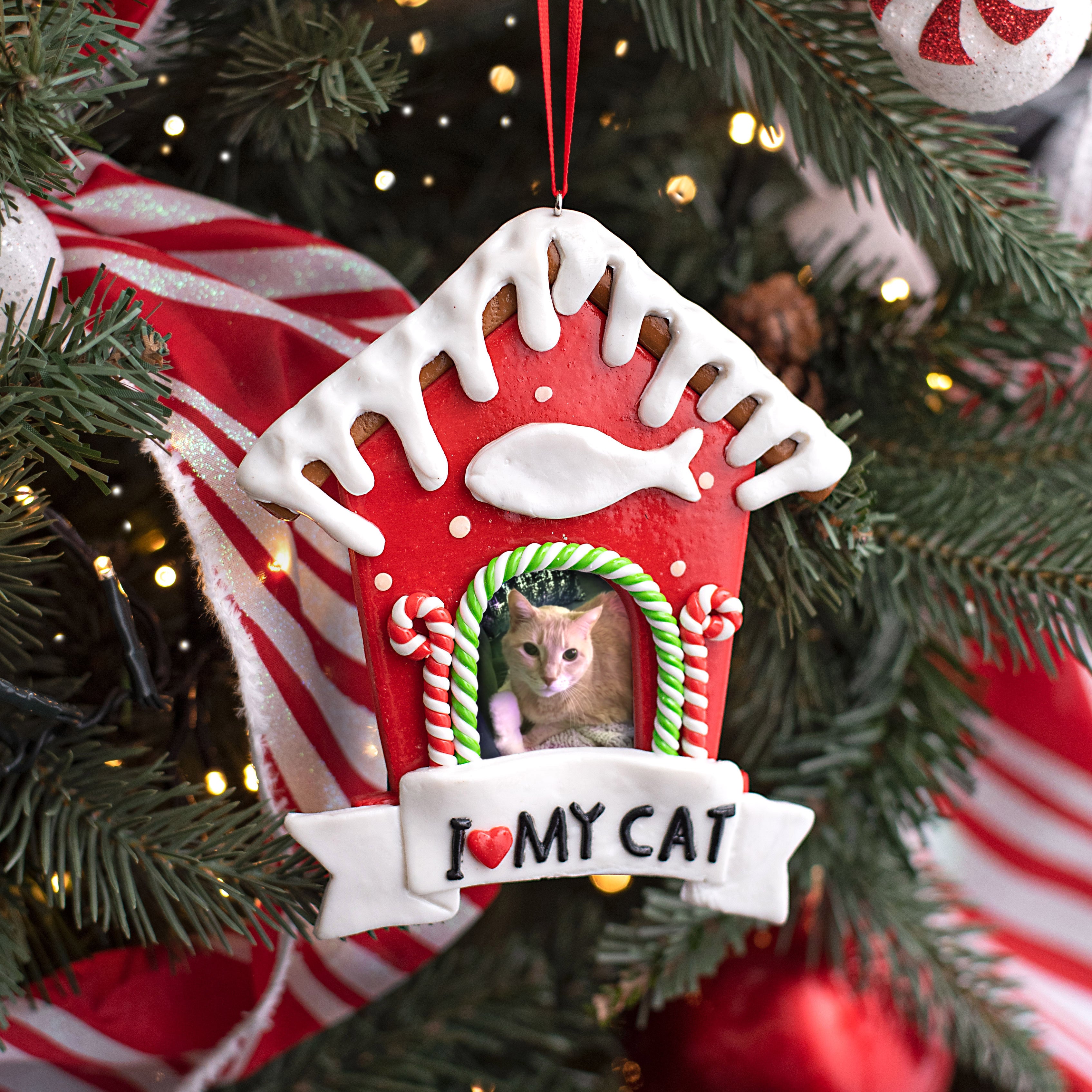 5.5" Gingerbread Cat House Photo Ornament Lifestyle Photo