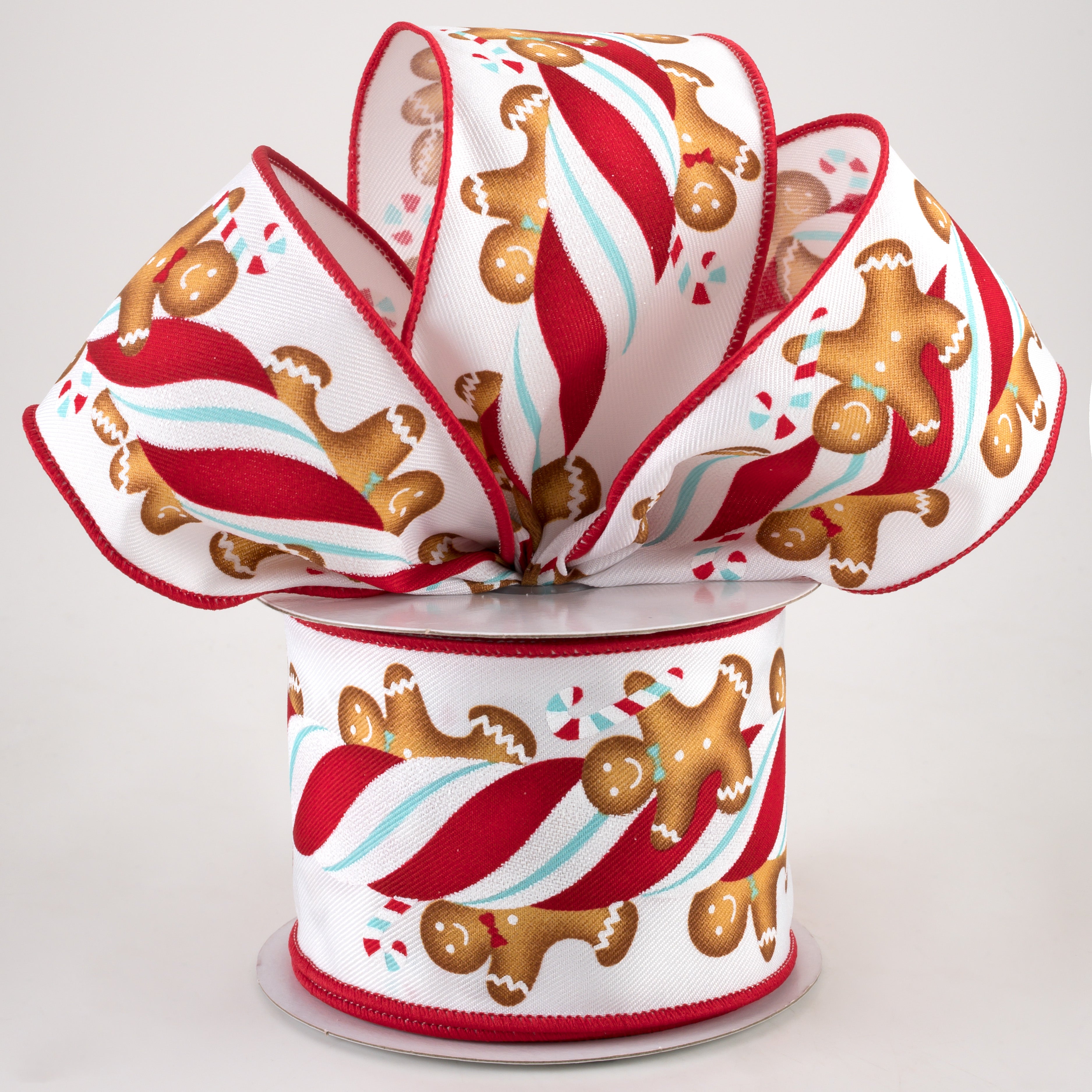 2.5" Gingerbread Kids With Candy Ribbon: Red & Ice Blue (10 Yards) Lifestyle Photo