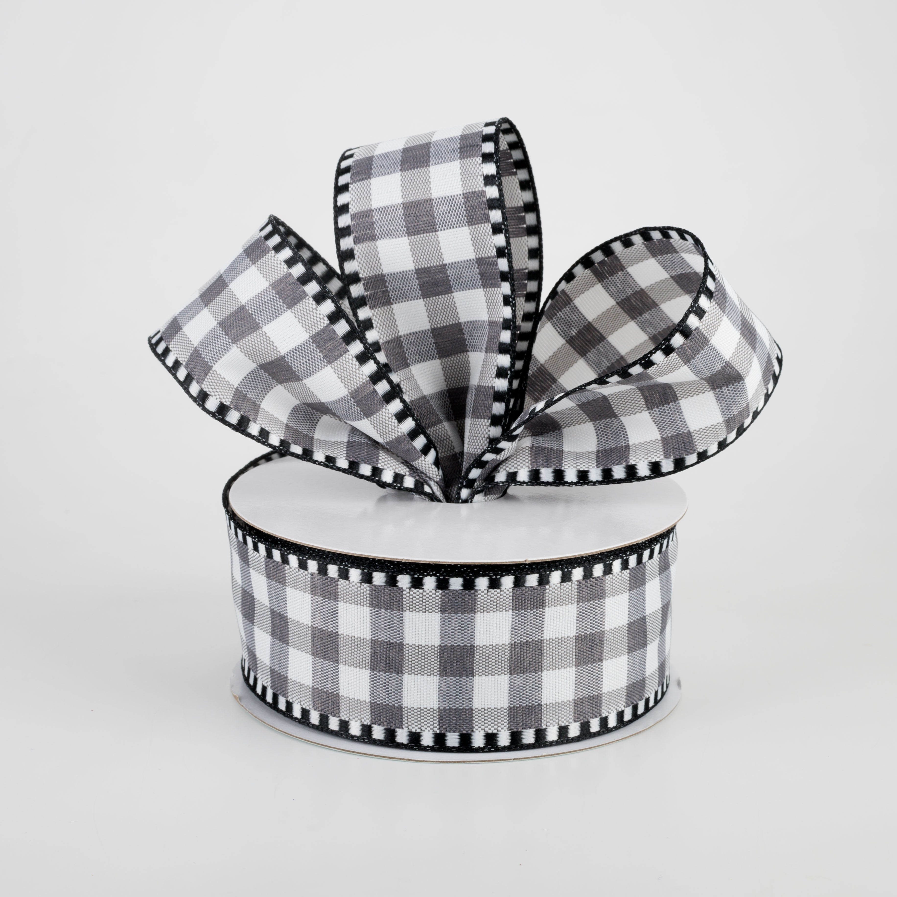 1.5" Gingham Check Dashed Edge Ribbon: Grey & White (10 Yards) Lifestyle Photo