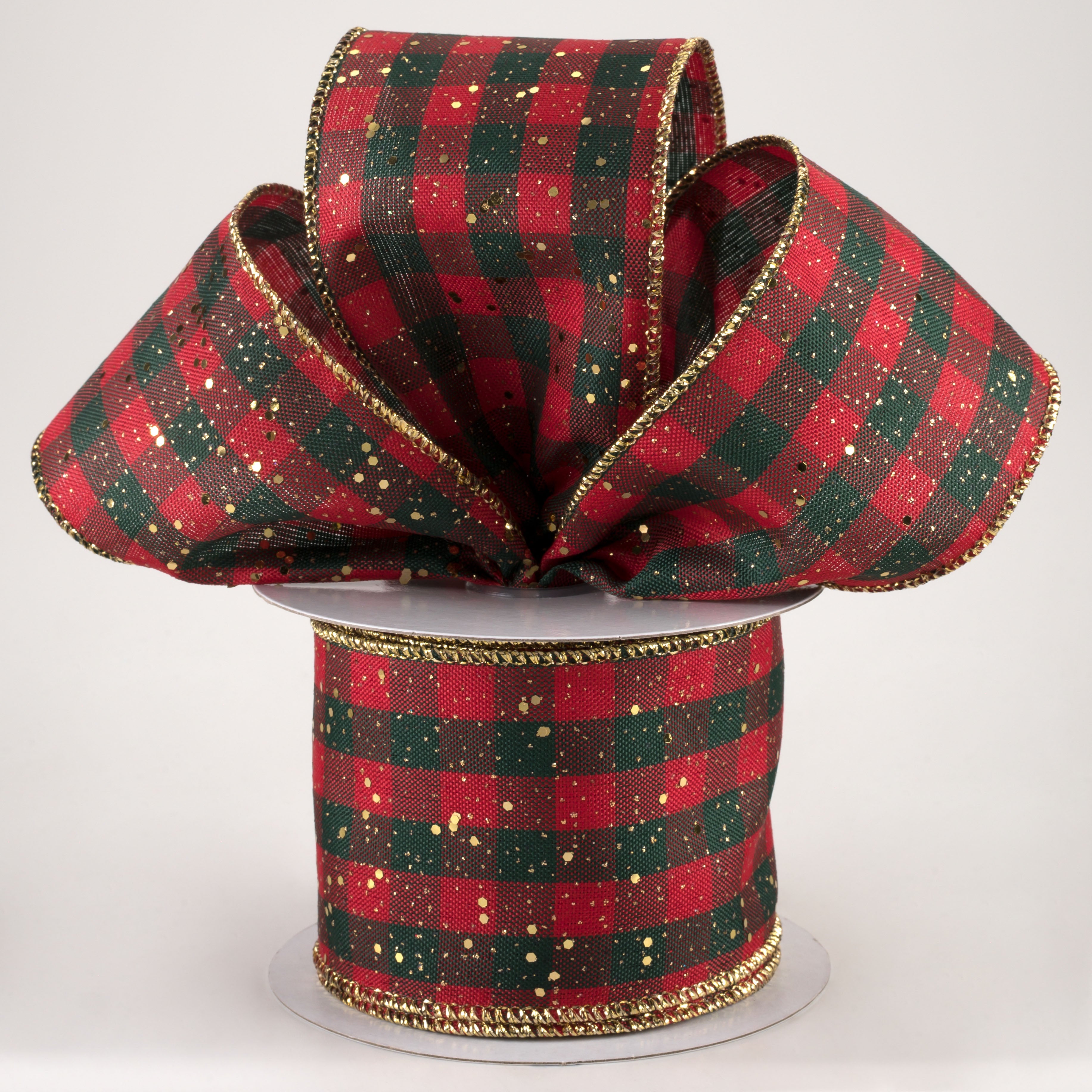 2.5" Gingham Check Hex Glitter Ribbon: Red, Emerald, Gold (10 Yards) Lifestyle Photo