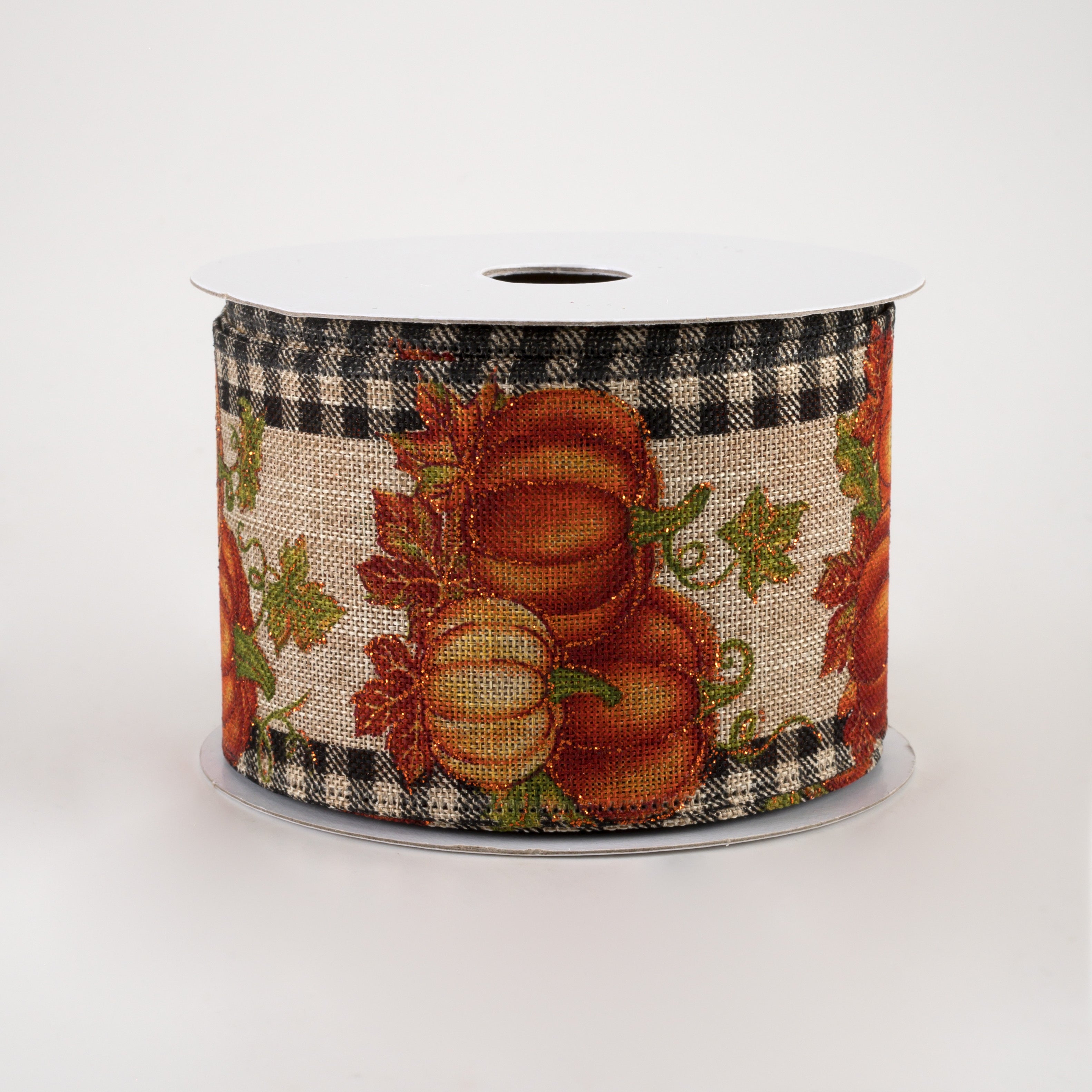 2.5" Gingham Edge Pumpkins Ribbon: Black on Natural (10 Yards)