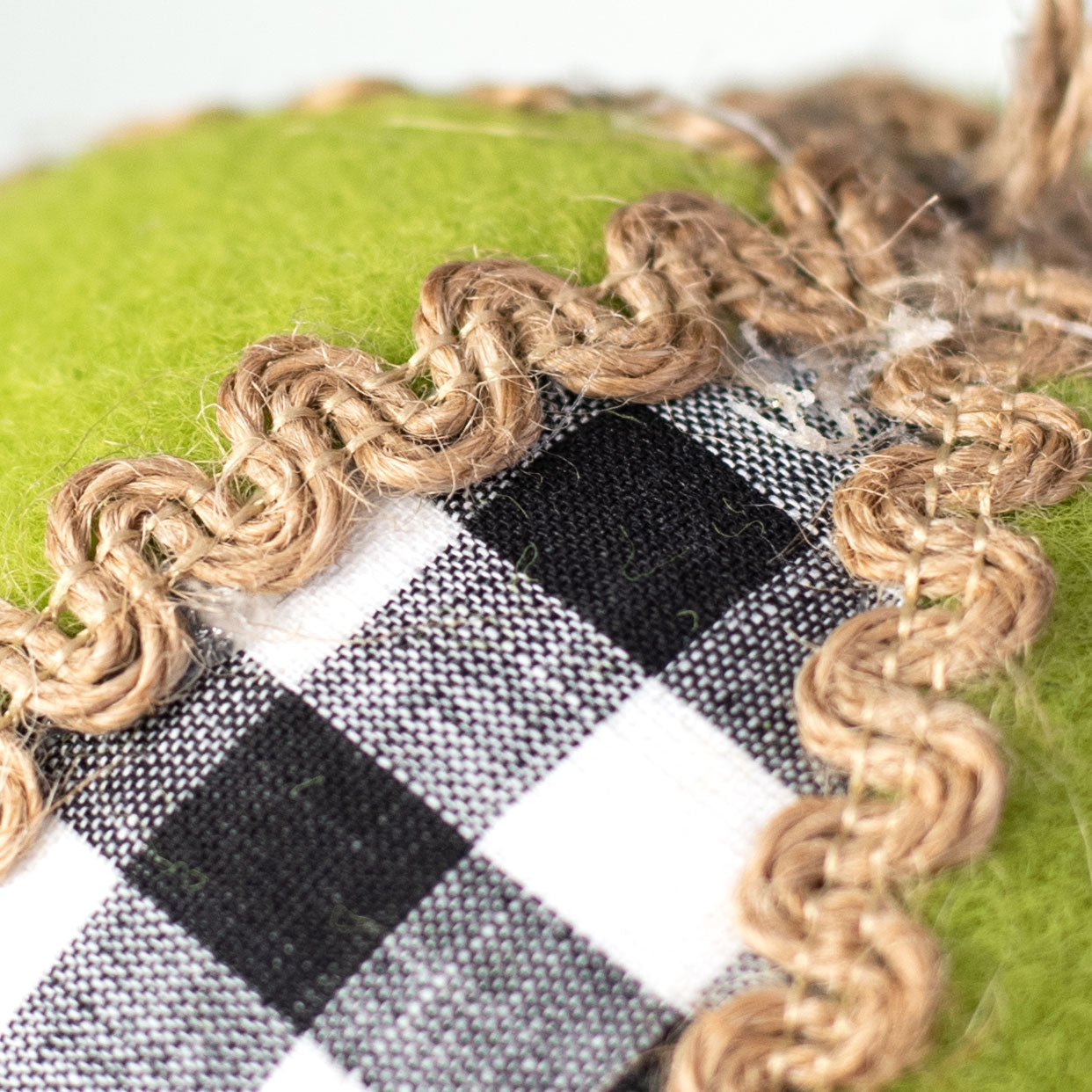 4" Gingham, Felt, Jute Ball Ornament: Black, White, Green detail photo 3