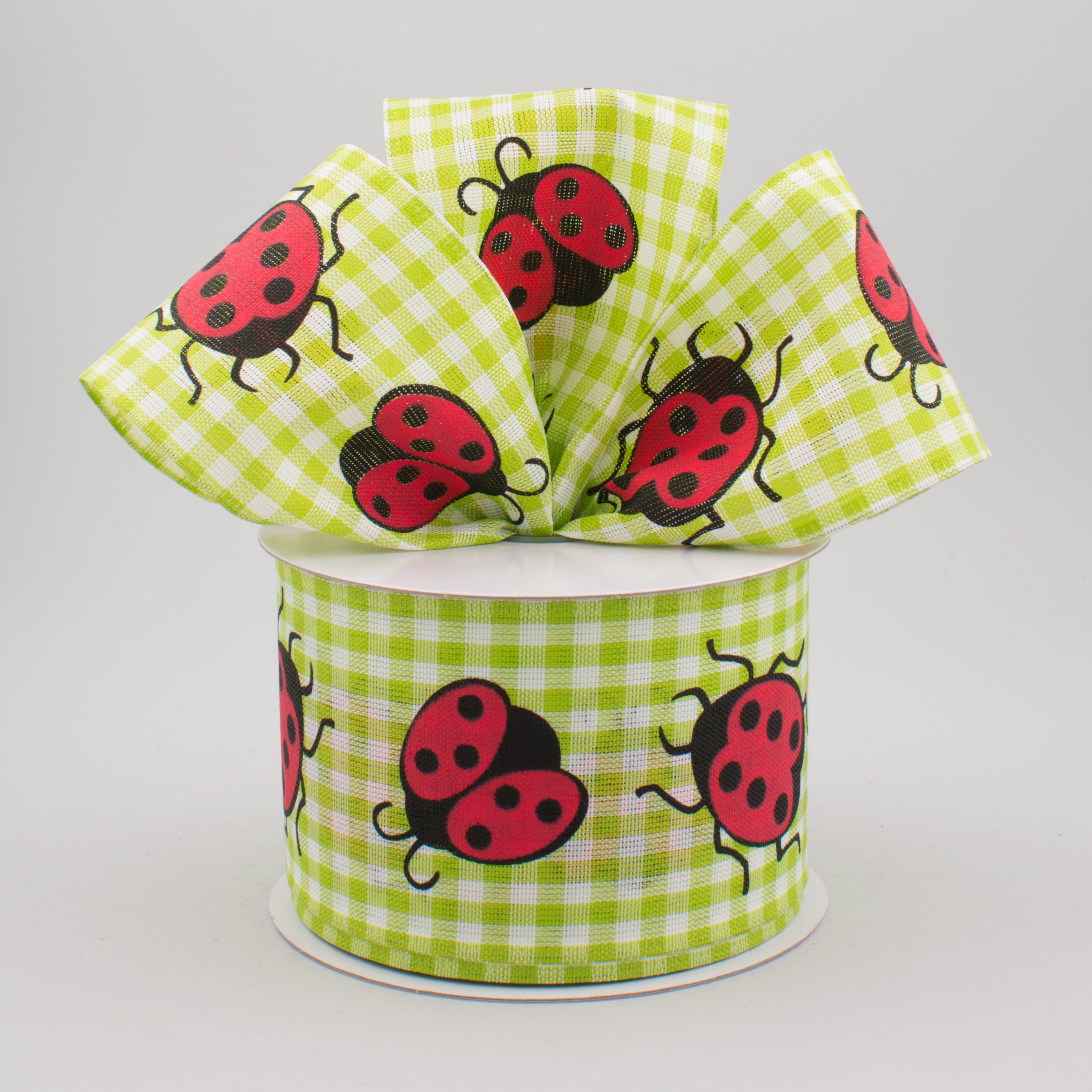 2.5" Gingham Ladybug Ribbon: Green & White (10 Yards) Lifestyle Photo