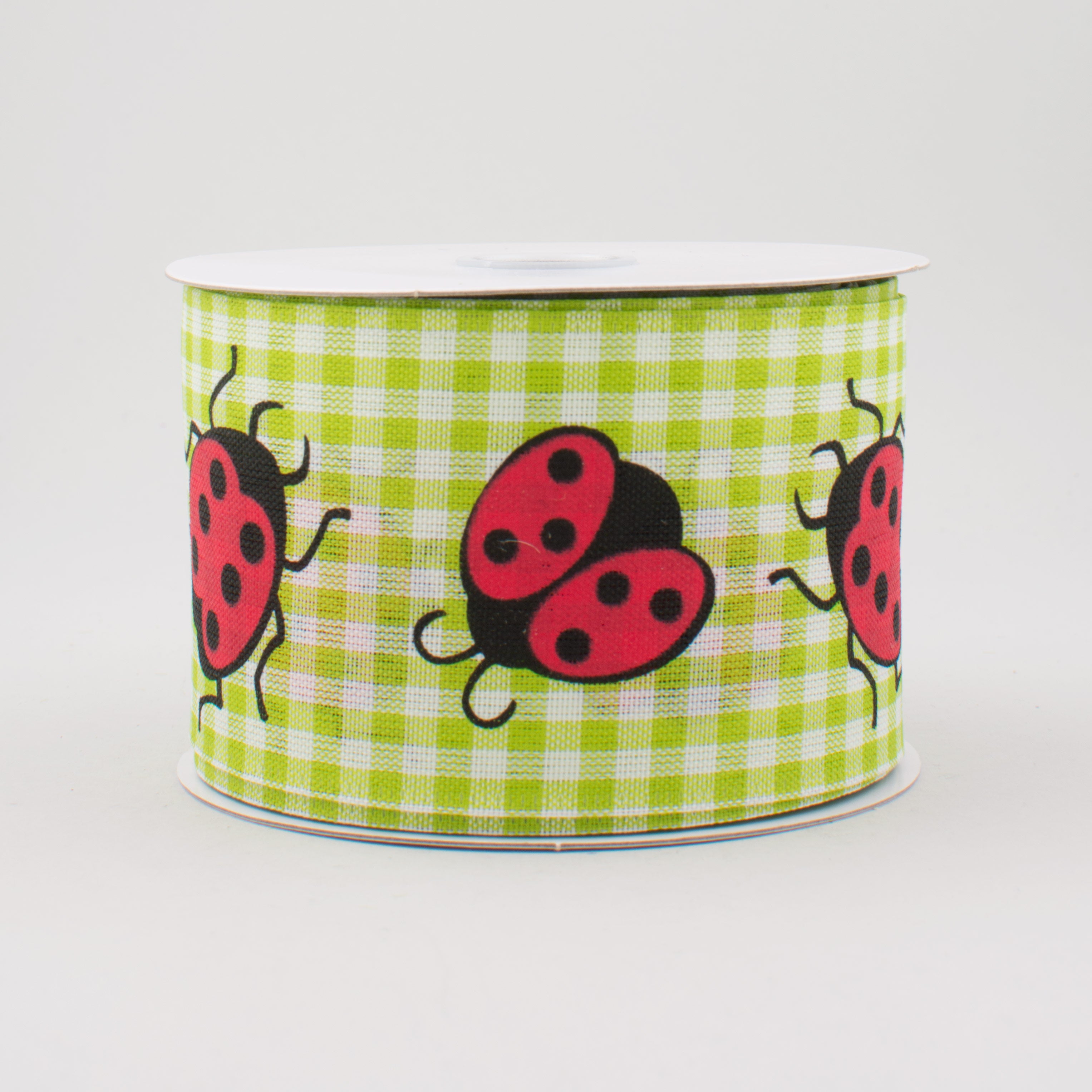 2.5" Gingham Ladybug Ribbon: Green & White (10 Yards)