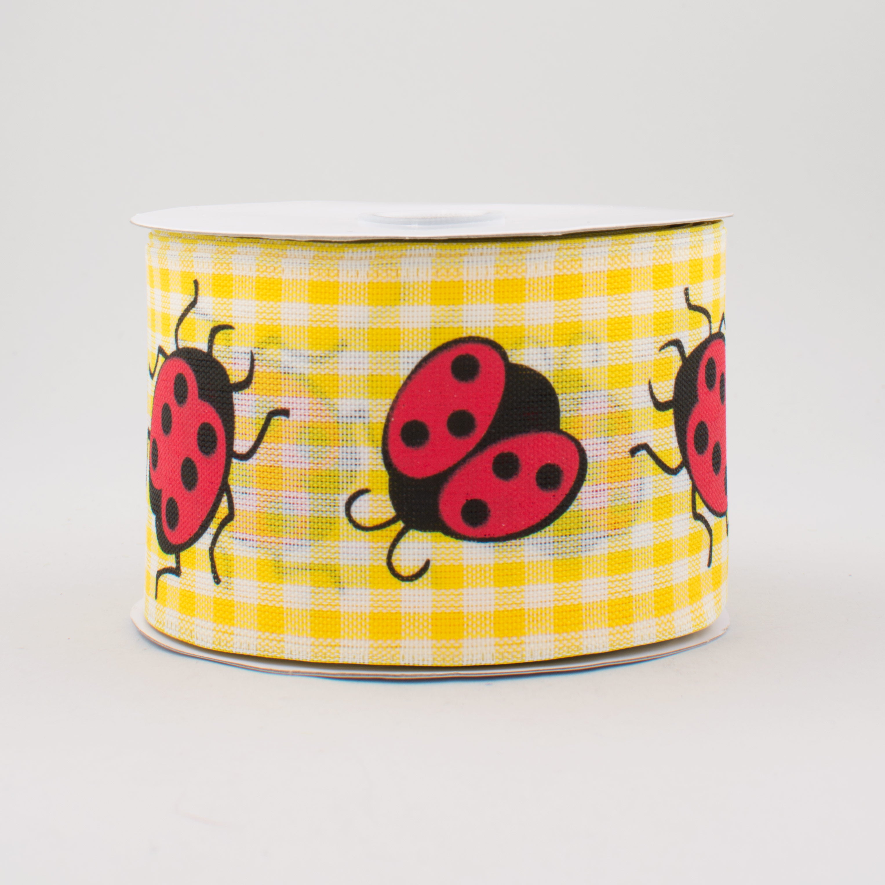 2.5" Gingham Ladybug Ribbon: Yellow & White (10 Yards)
