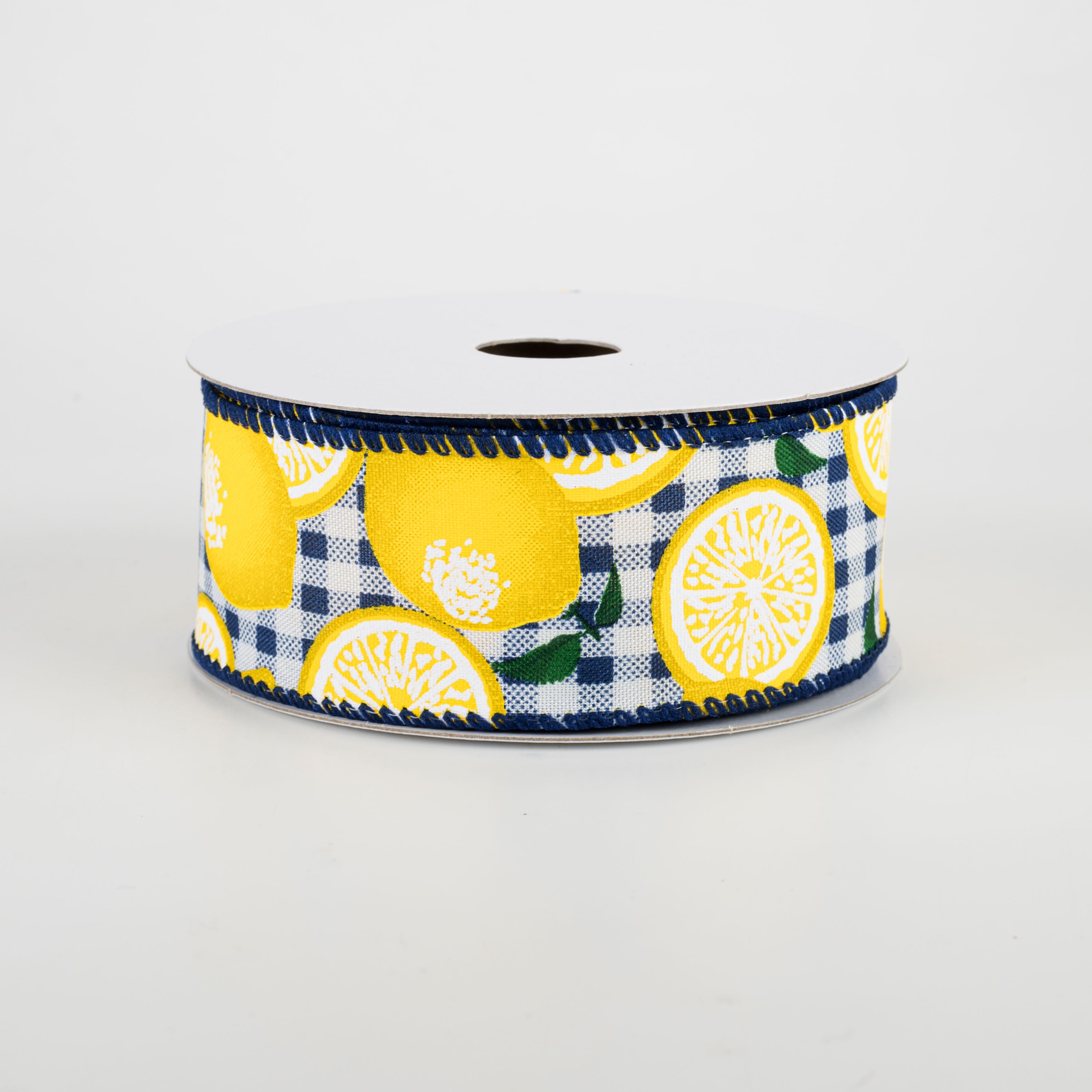 1.5" Gingham Lemons Ribbon: Navy Blue (10 Yards)