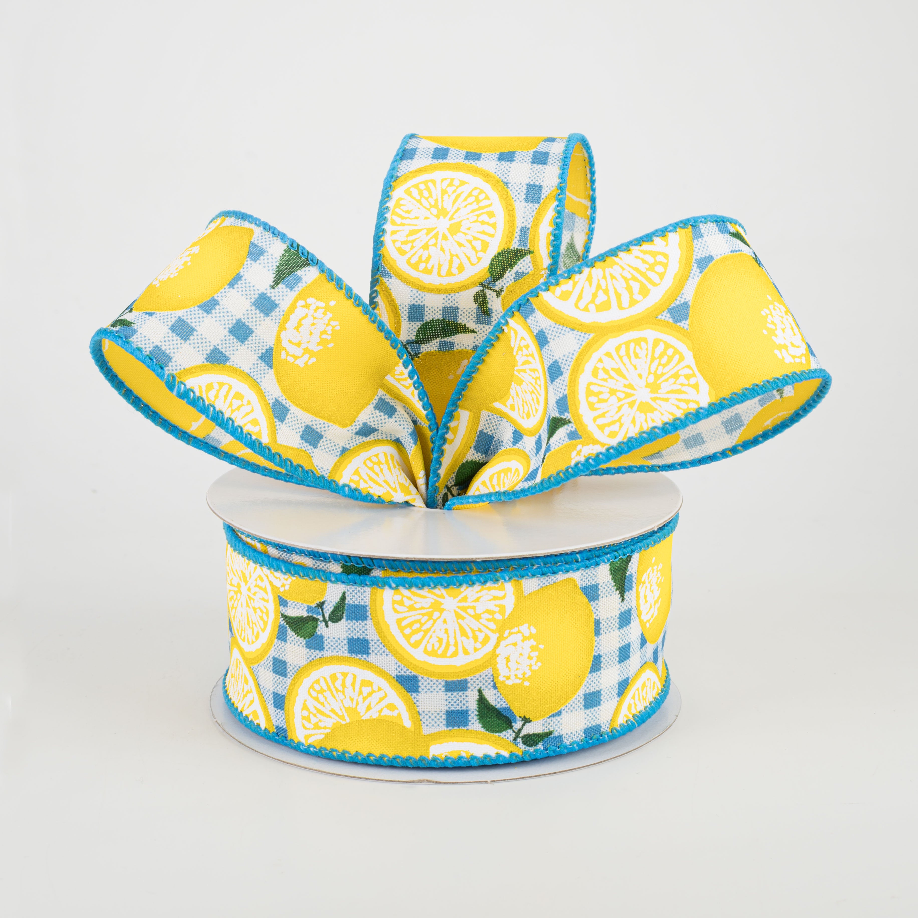 1.5" Gingham Lemons Ribbon: Turquoise (10 Yards) Lifestyle Photo