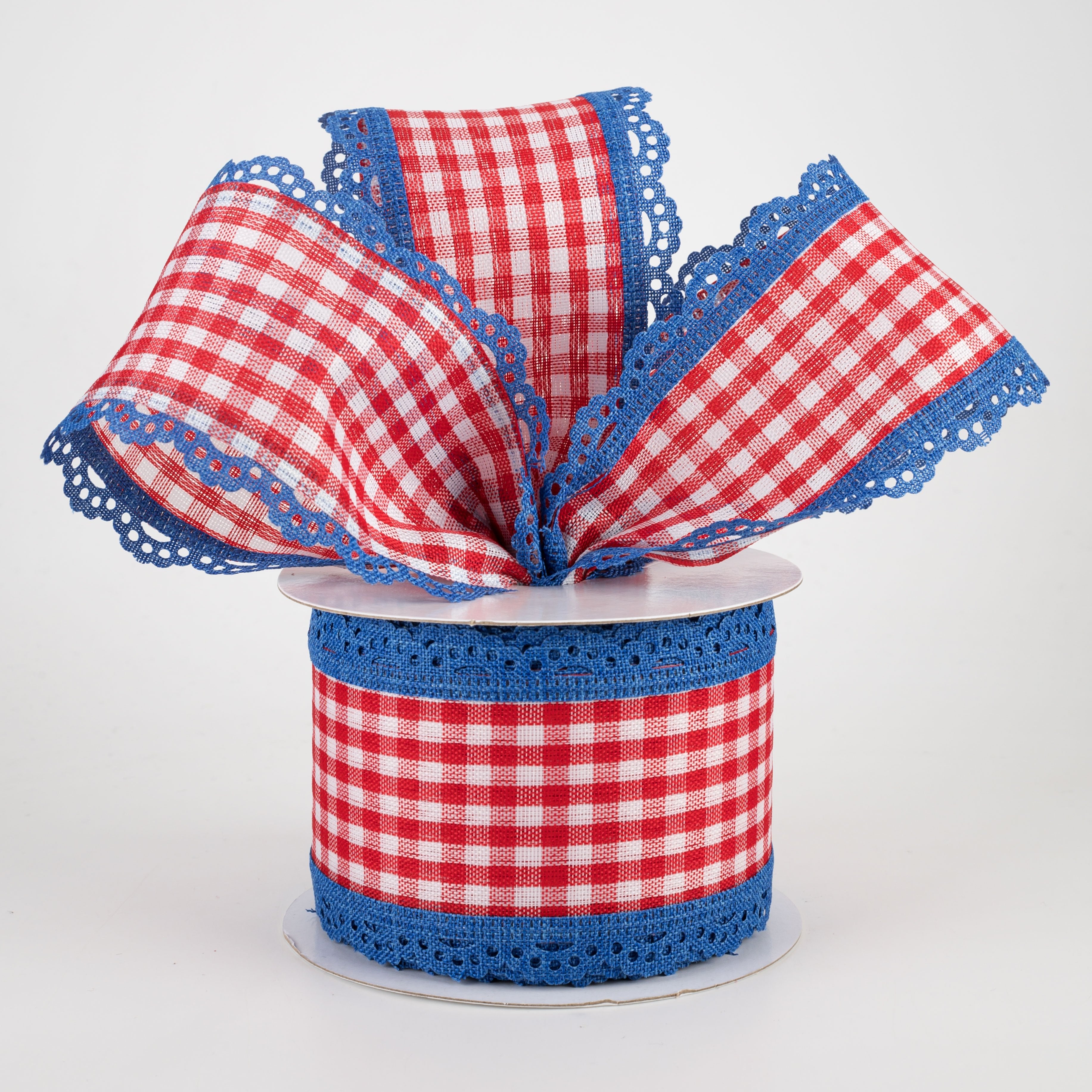 2.5" Gingham Scalloped Edge Ribbon: Red, White, Blue (10 Yards) Lifestyle Photo
