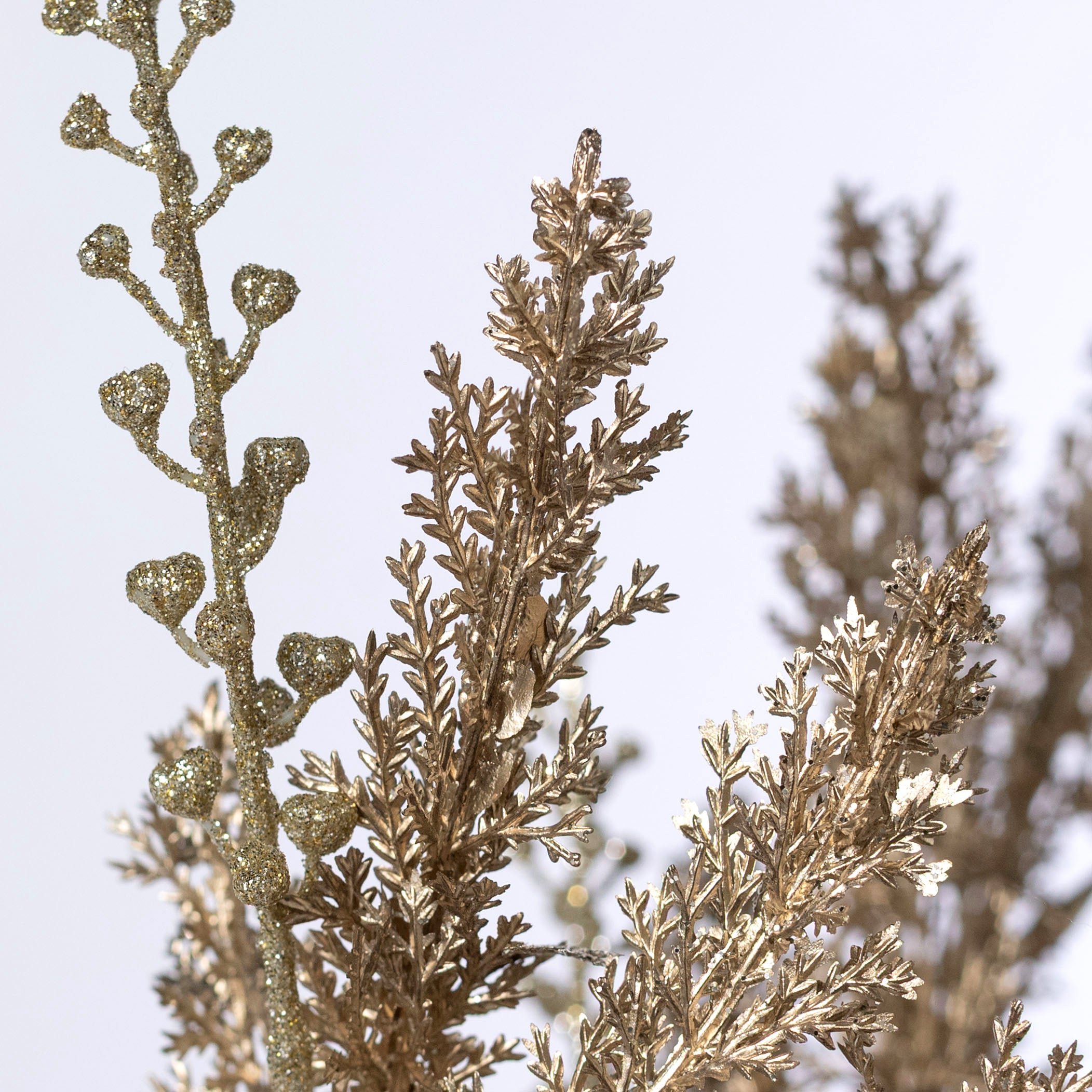 19" Glittered Cypress & Seed Pod Bush: Champagne Gold