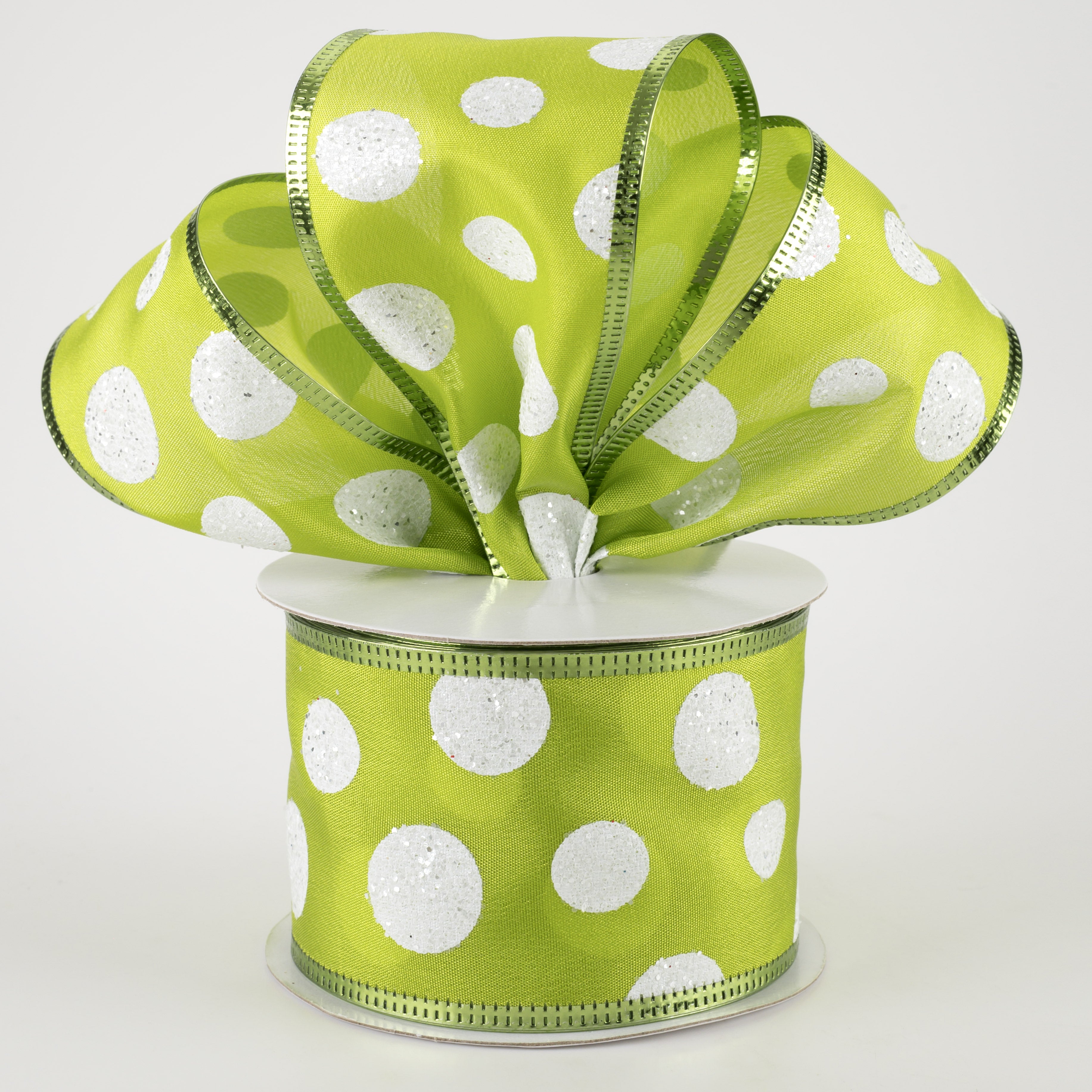 2.5" Glitter Big White Dots Ribbon: Kiwi (10 Yards) Lifestyle Photo